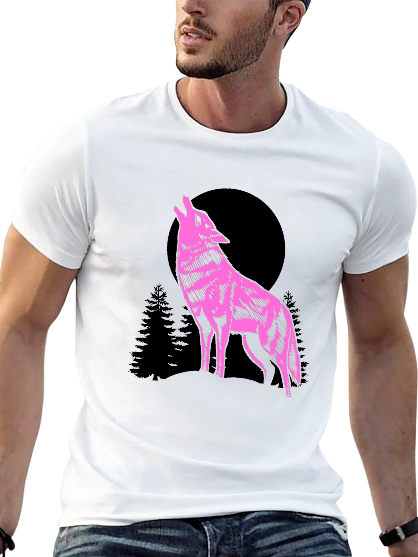 Wolf Moon Graphic T-Shirt - Pink on Black