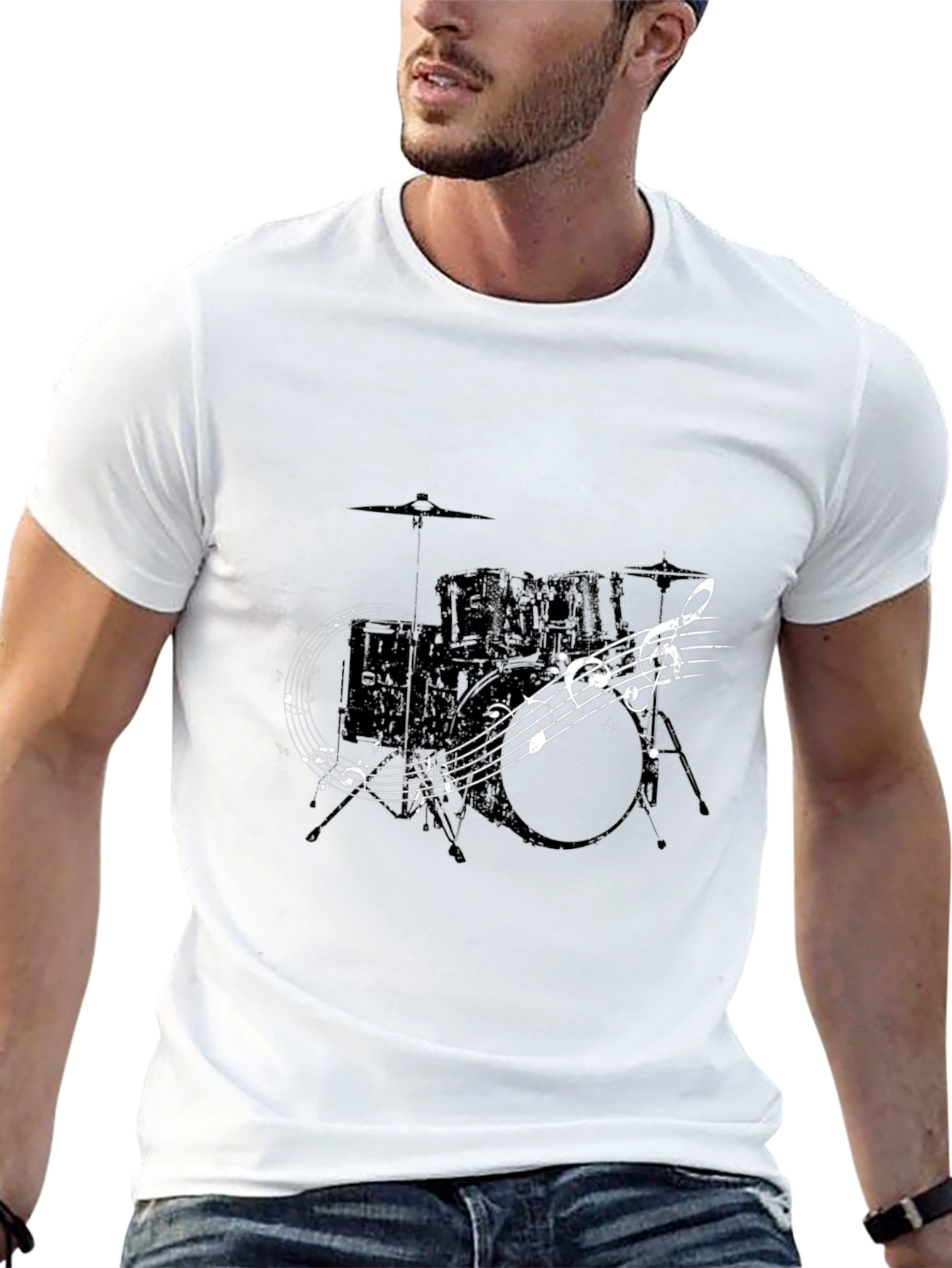 Drum Set & Music Notes Graphic T-Shirt