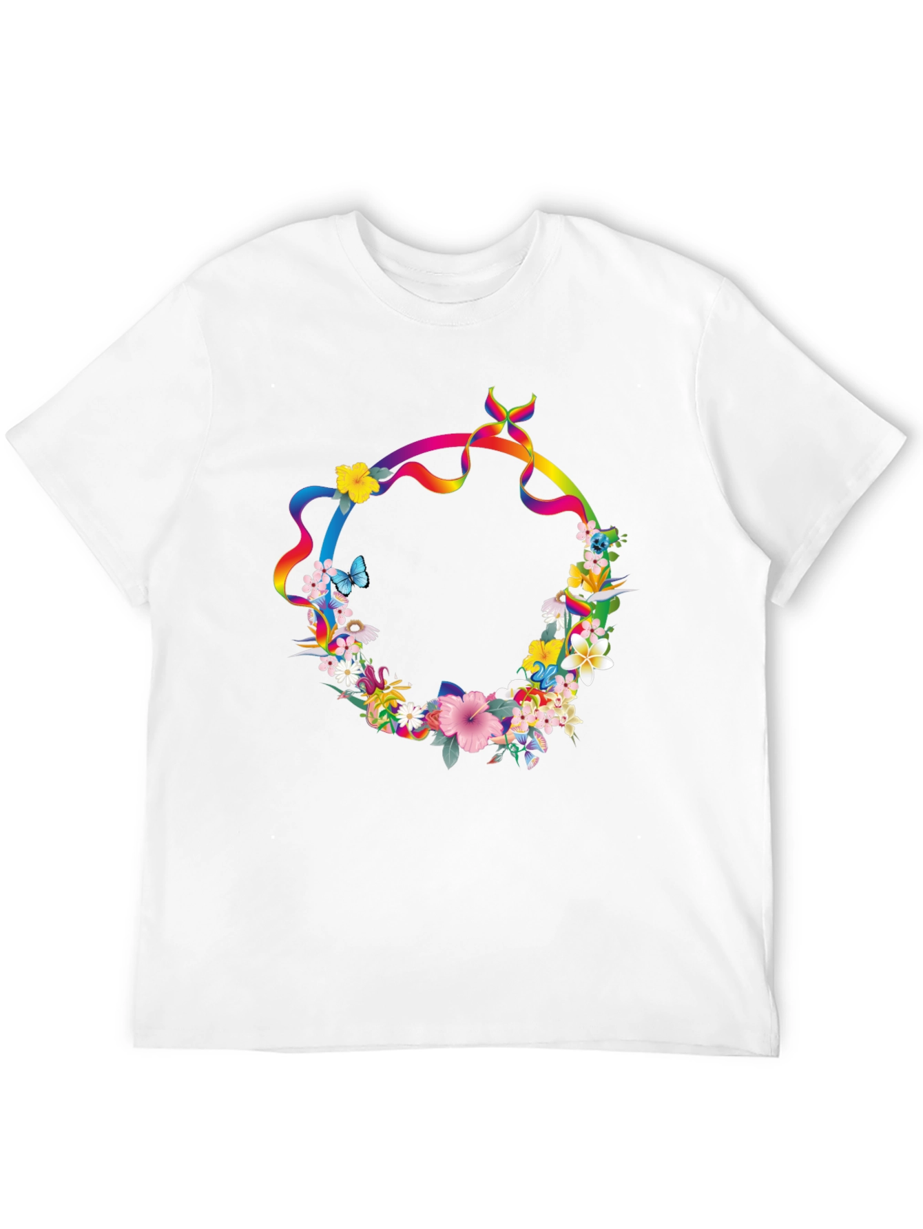 Floral Rainbow Ribbon Wreath Black T-Shirt