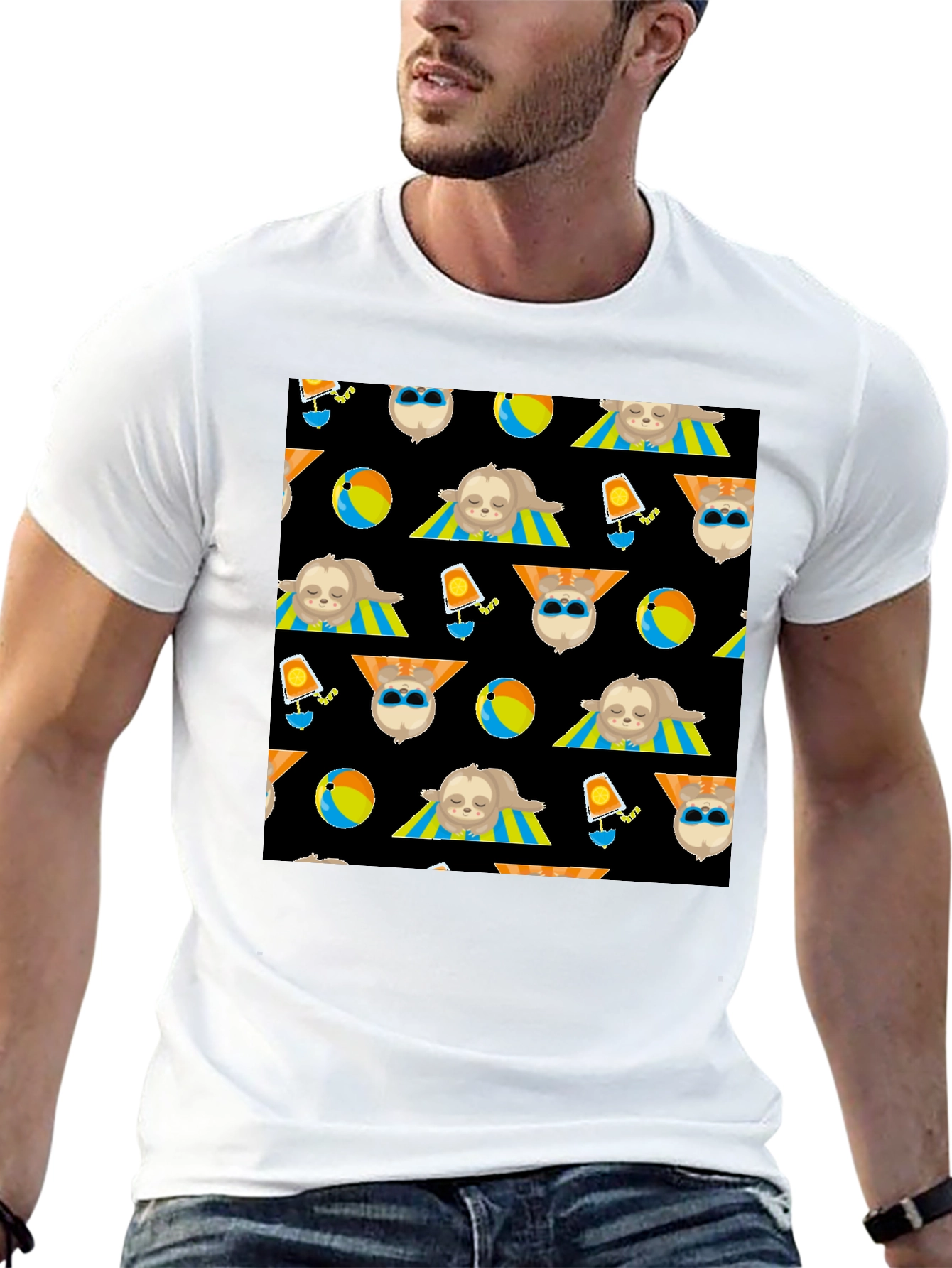 Summer Sloth Pattern Black T-Shirt