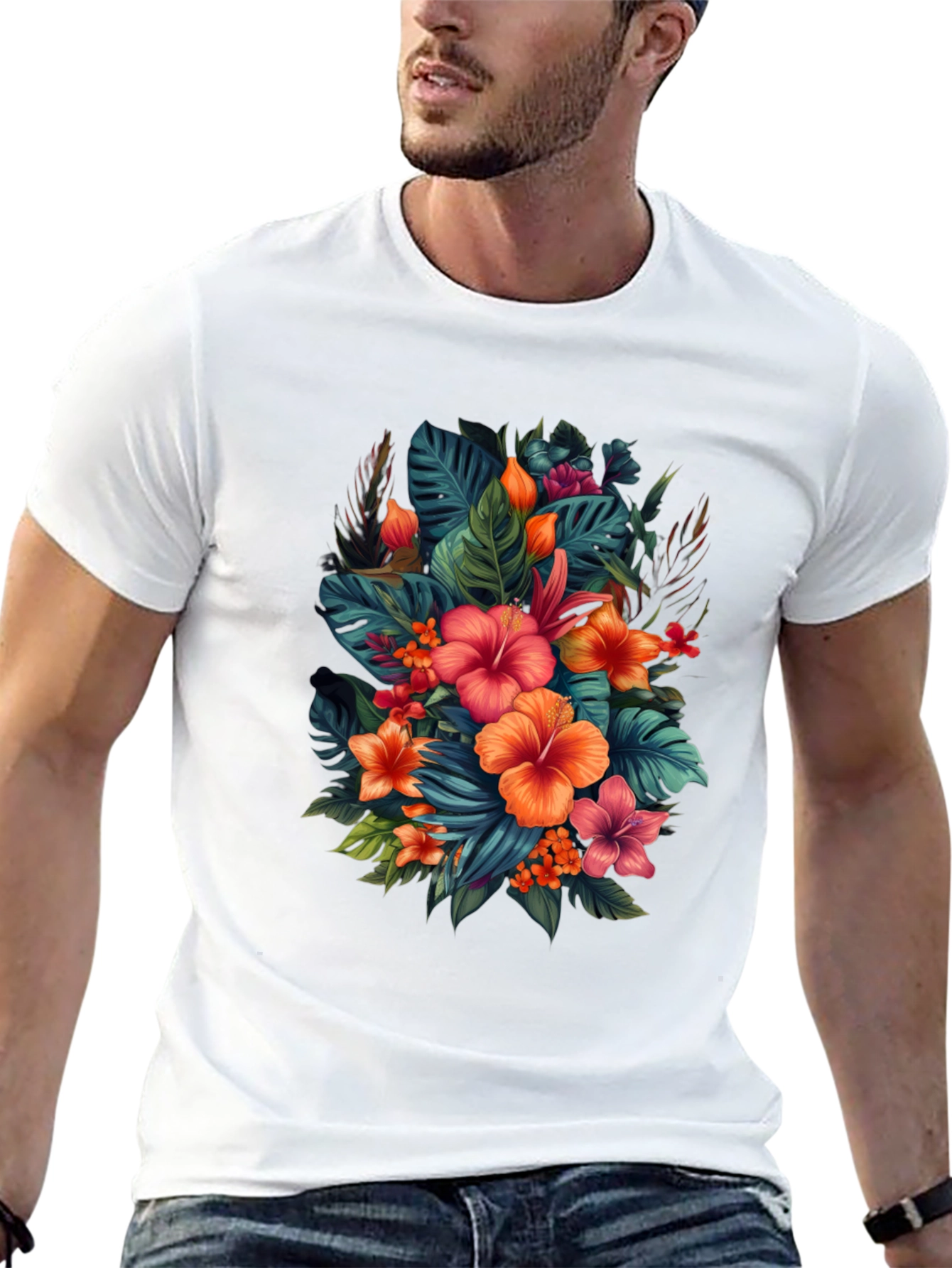 Tropical Floral Print Black T-Shirt