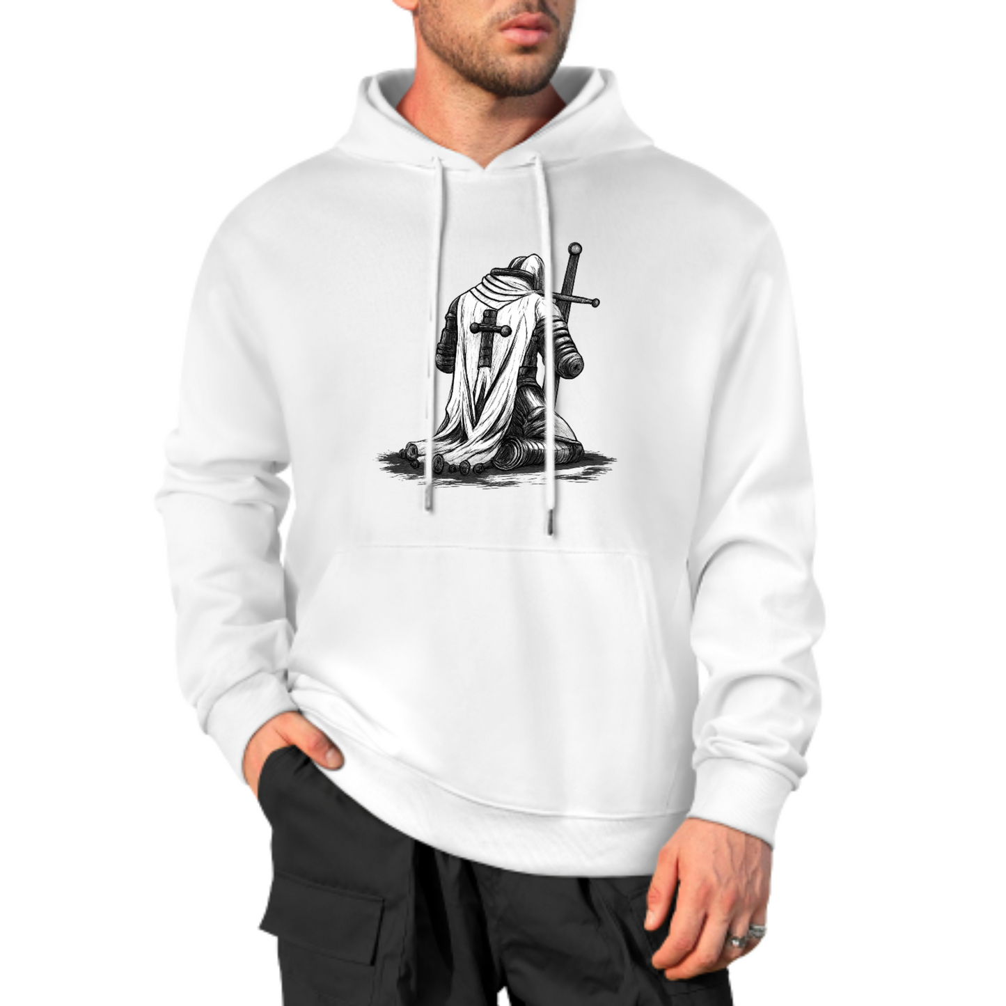 Knight Warrior Graphic Hoodie, Medieval Armor Sweatshirt, Black & White Knight Design, Spiritual Strength Hoodie, Unisex Casual Wear