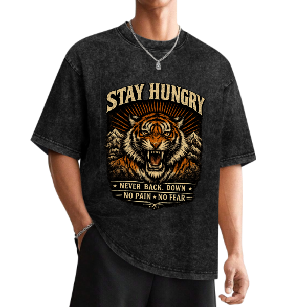 STAY HUNGRY Skull Flame Graphic Vintage Washed T-Shirt – Burning Desire Gothic Streetwear Tee