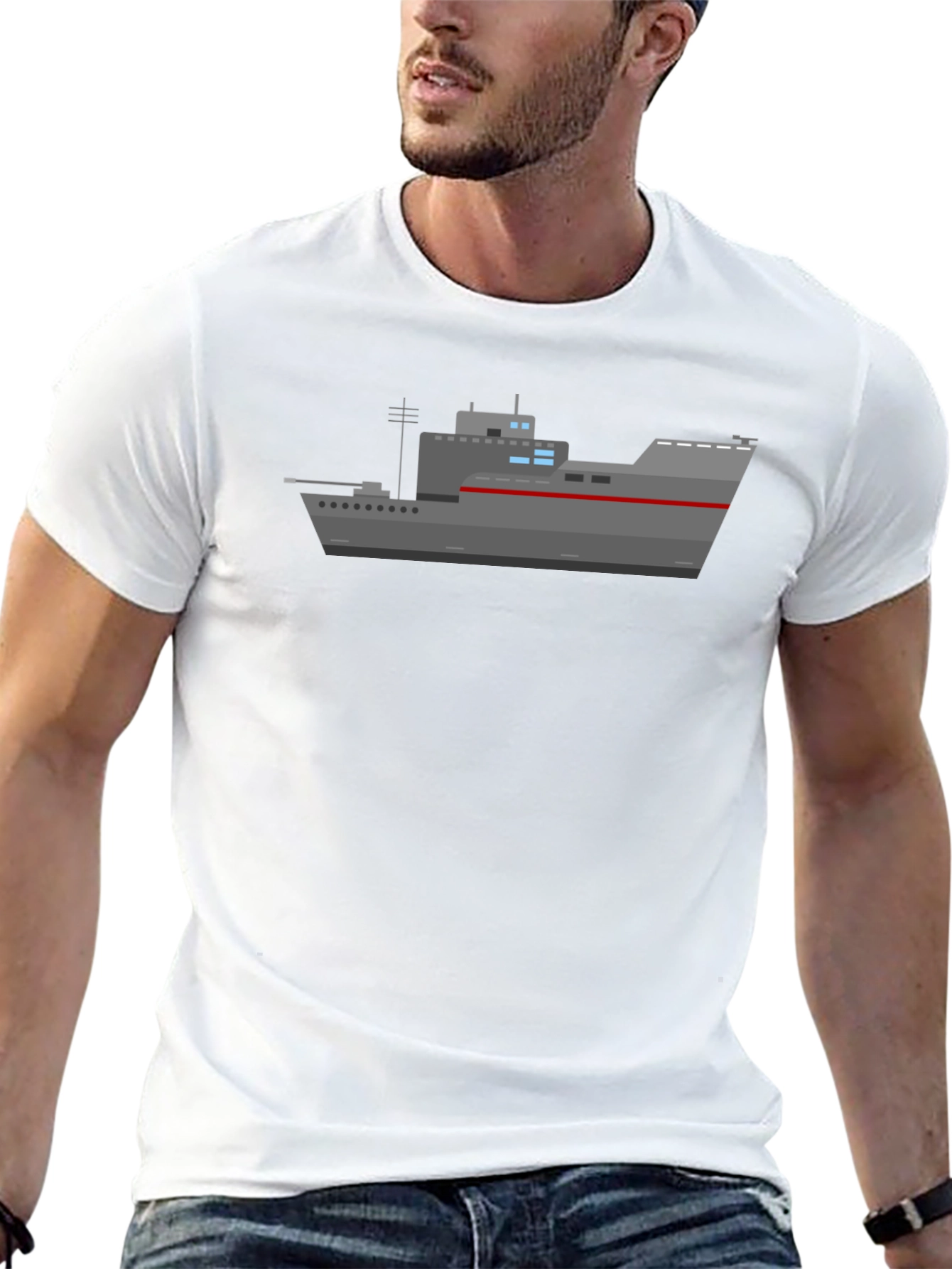 Naval Ship Graphic T-Shirt - Black Crew Neck Tee