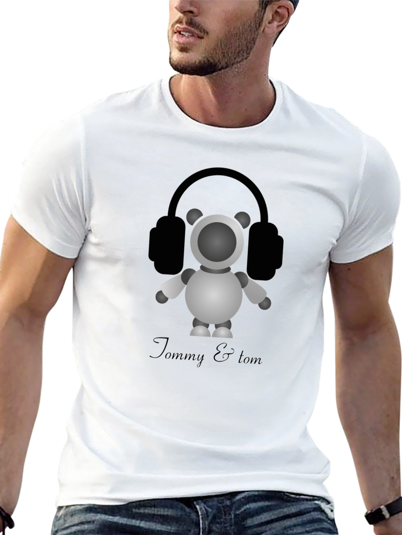 Tommy & Tom: Cartoon Robot with Headphones Graphic Tee
