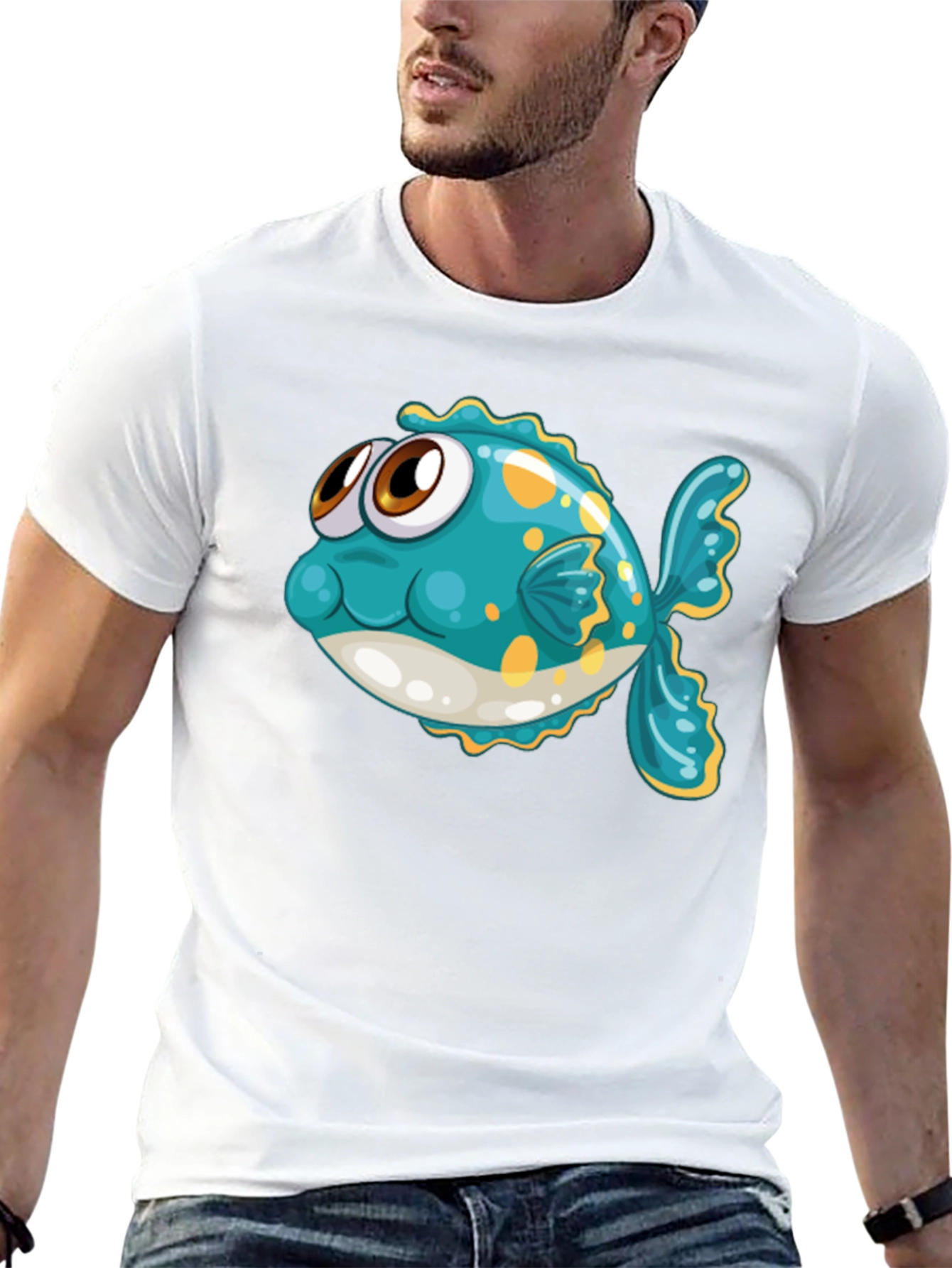 Cartoon Fish Graphic Tee - Black Cotton T-Shirt