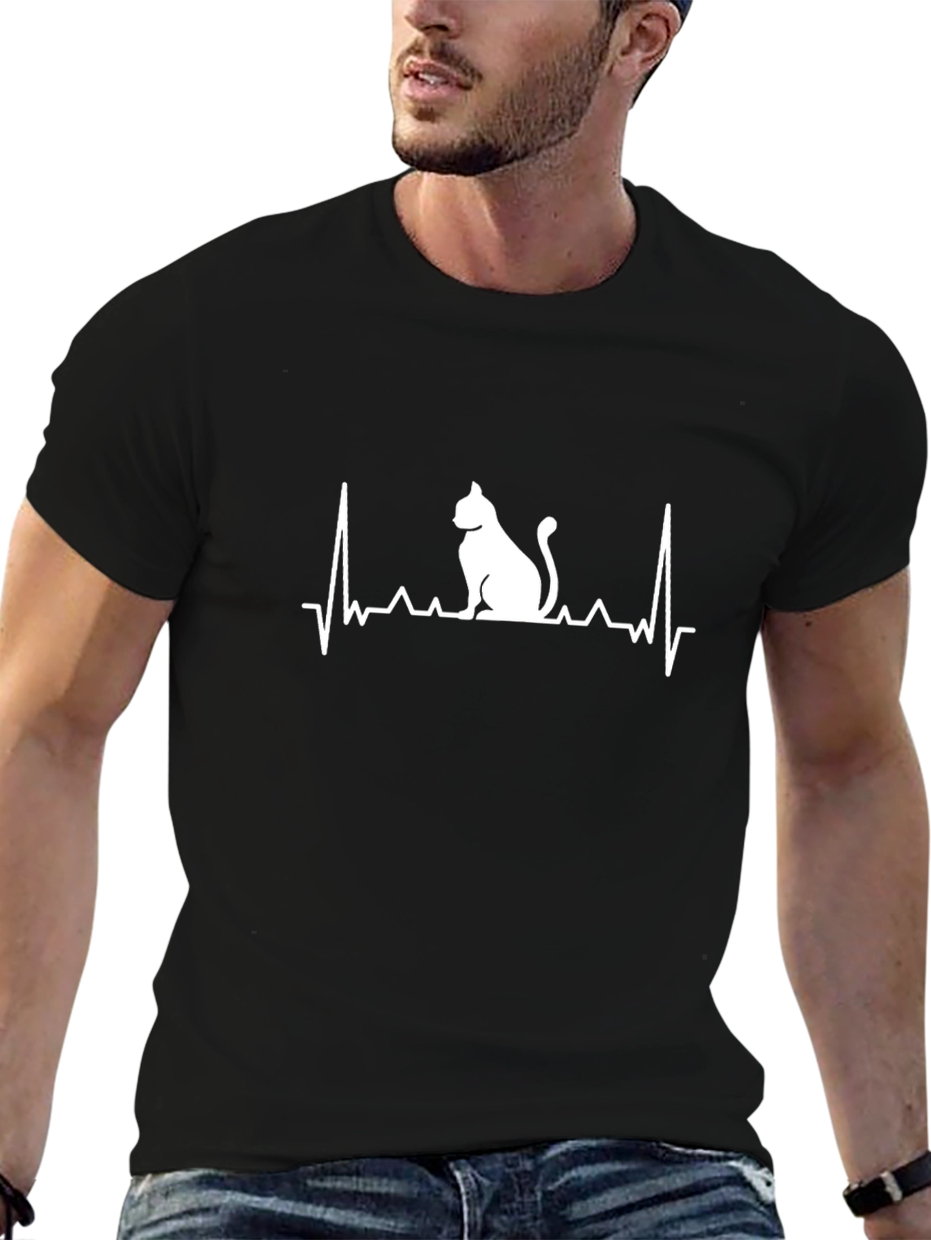 Cat Heartbeat Graphic Tee - Black Cotton T-Shirt