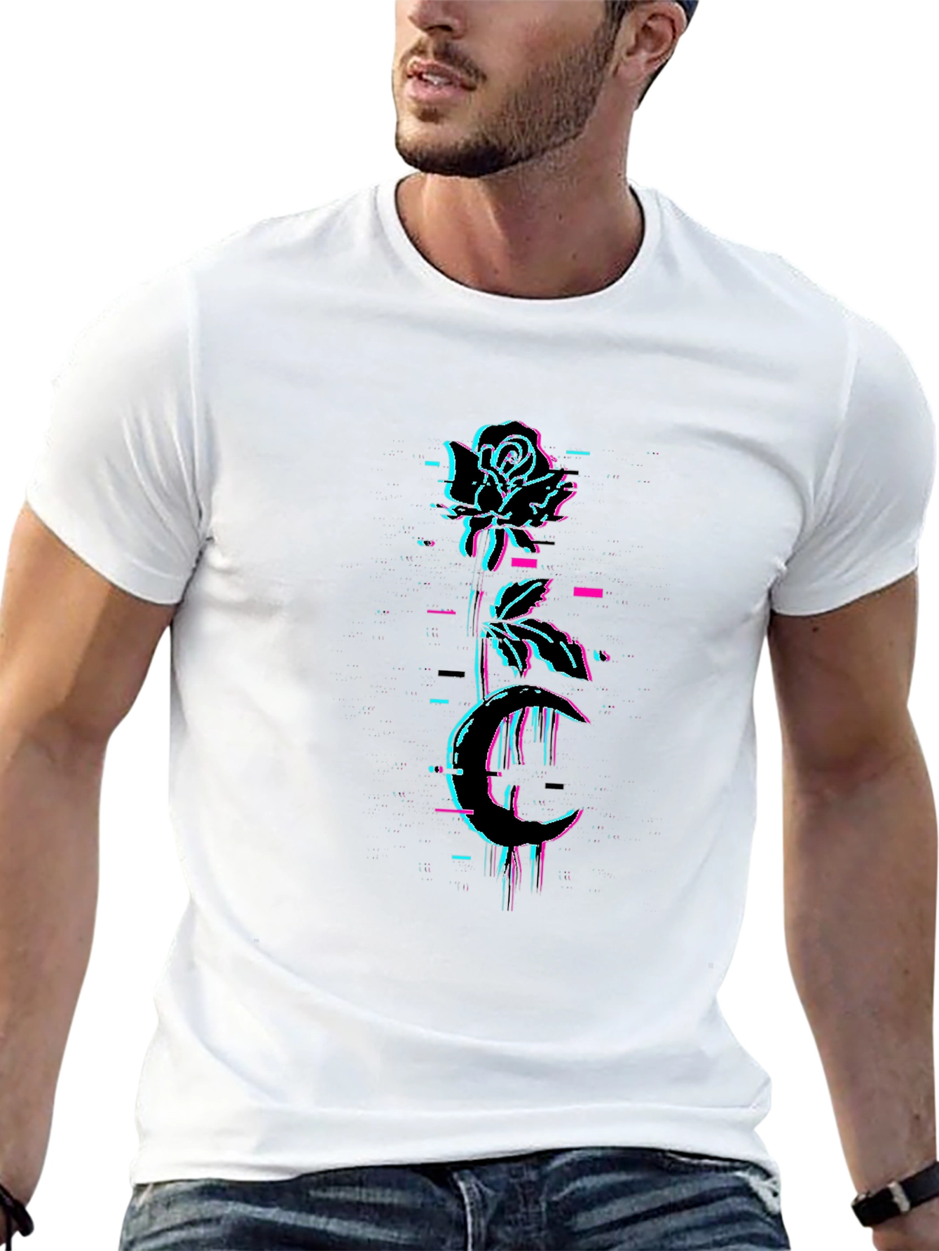 Rose & Moon Glitch Graphic Black Tee