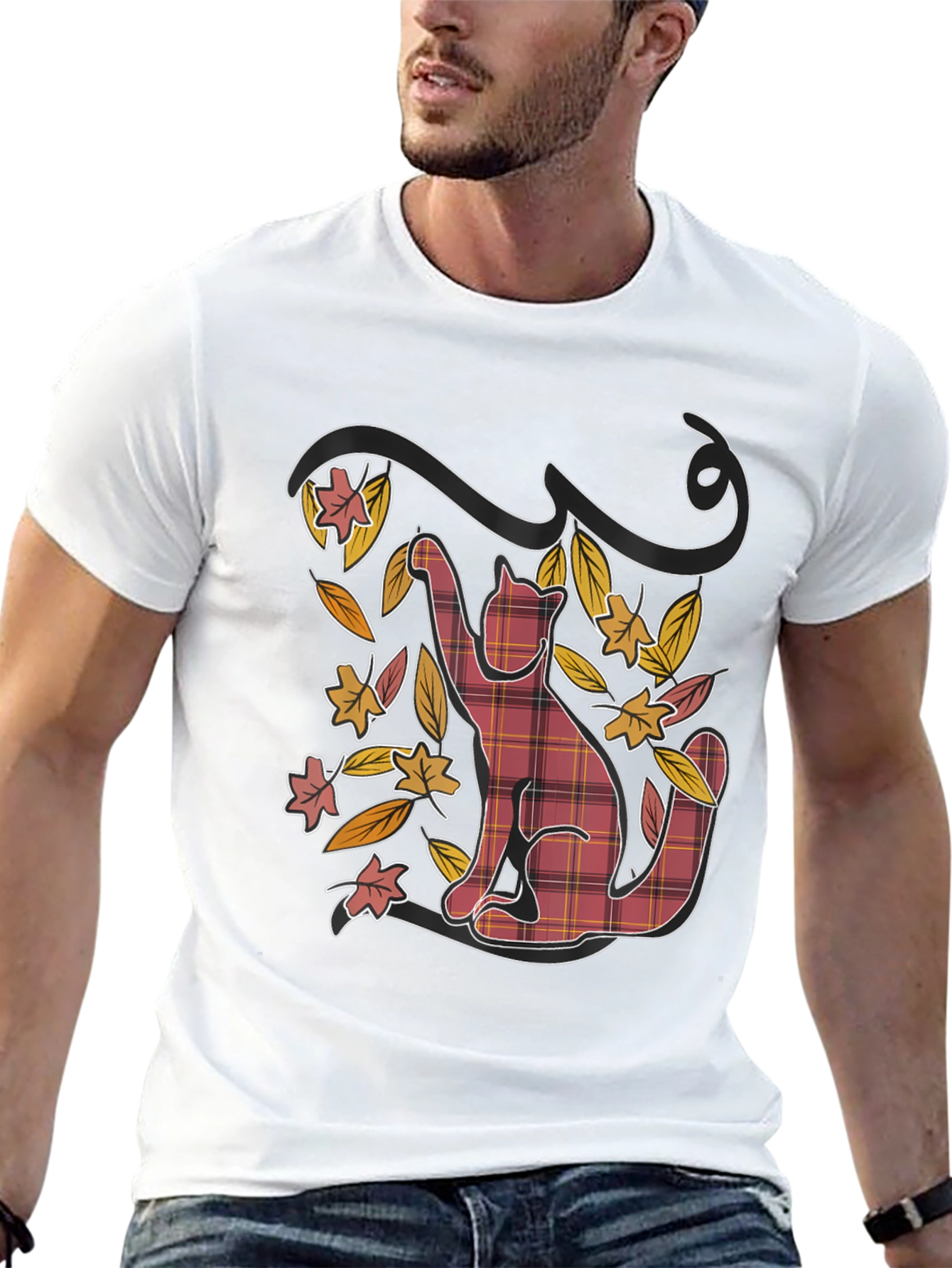 Plaid Cat Fall Leaves Black Graphic Tee