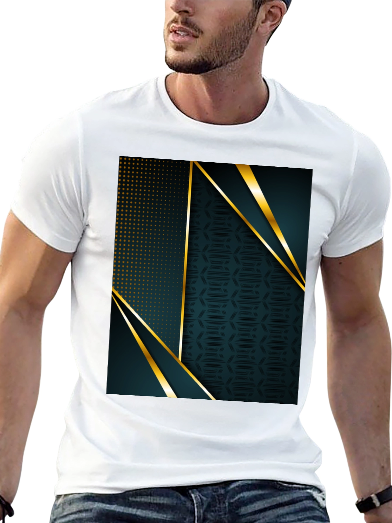 Stylish Geometric Gold Accent Black T-Shirt