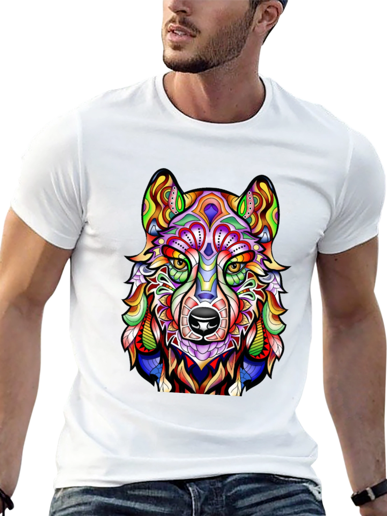 Vibrant Wolf Graphic Print Black T-Shirt