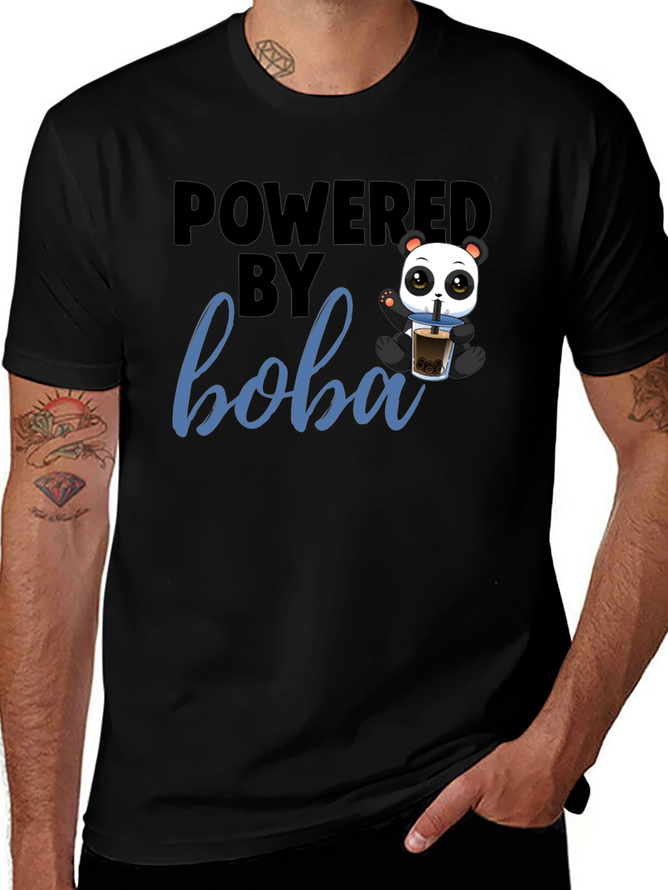 Powered By Boba Black T-Shirt Panda Cute Design