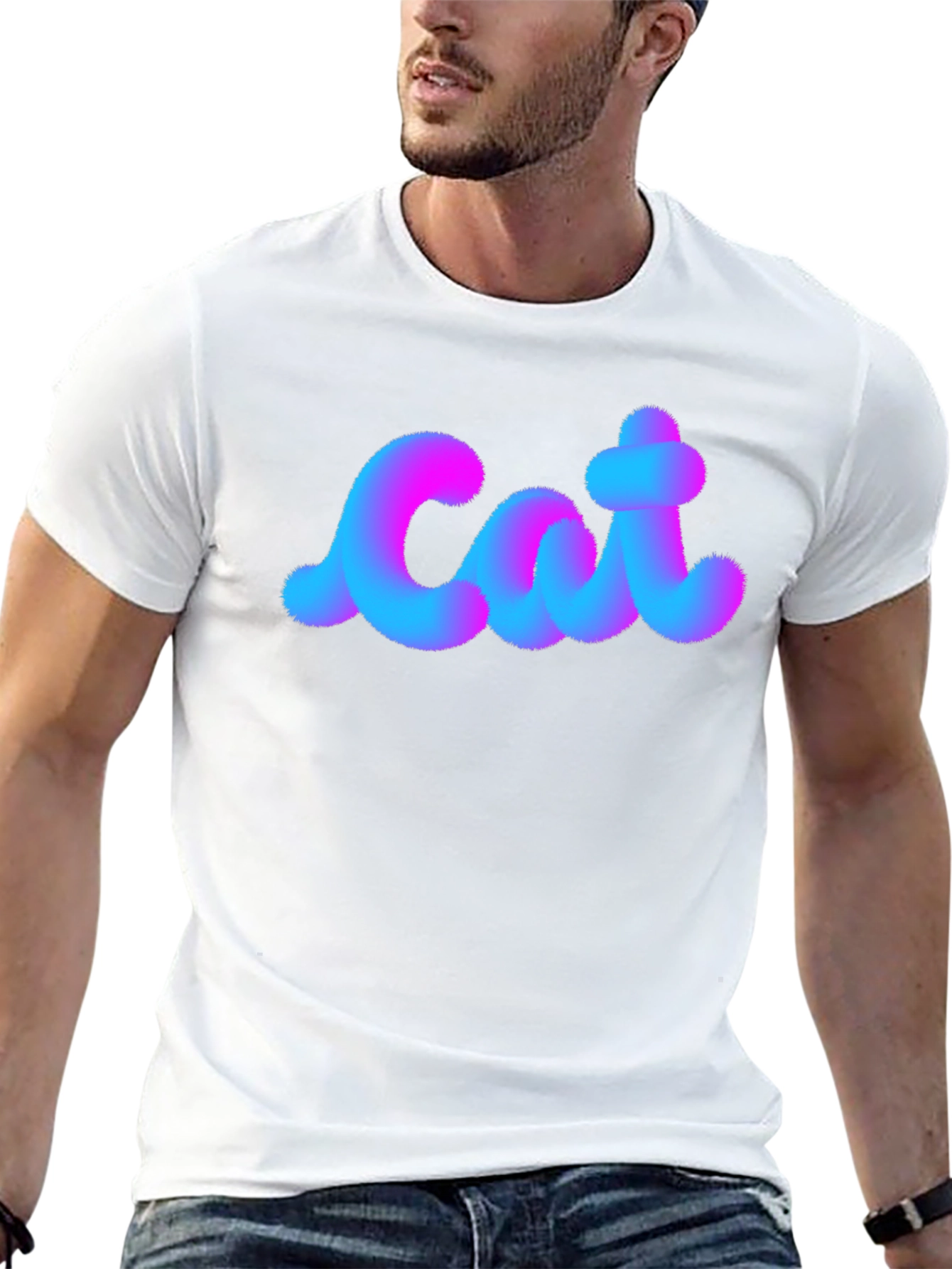 Cat Fuzzy Text Black Cotton T-Shirt