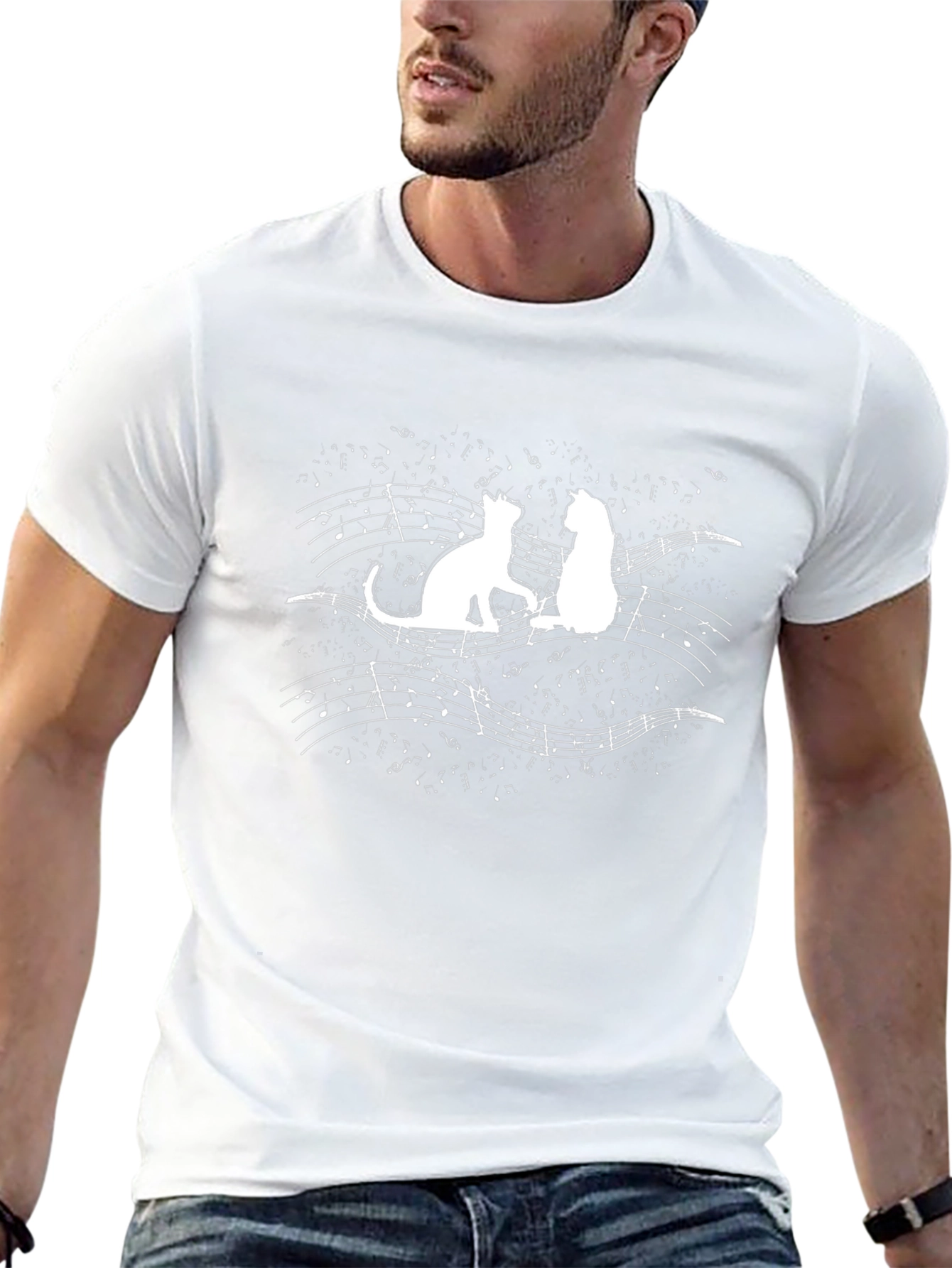Cats & Music Graphic Tee - Black Cotton T-Shirt