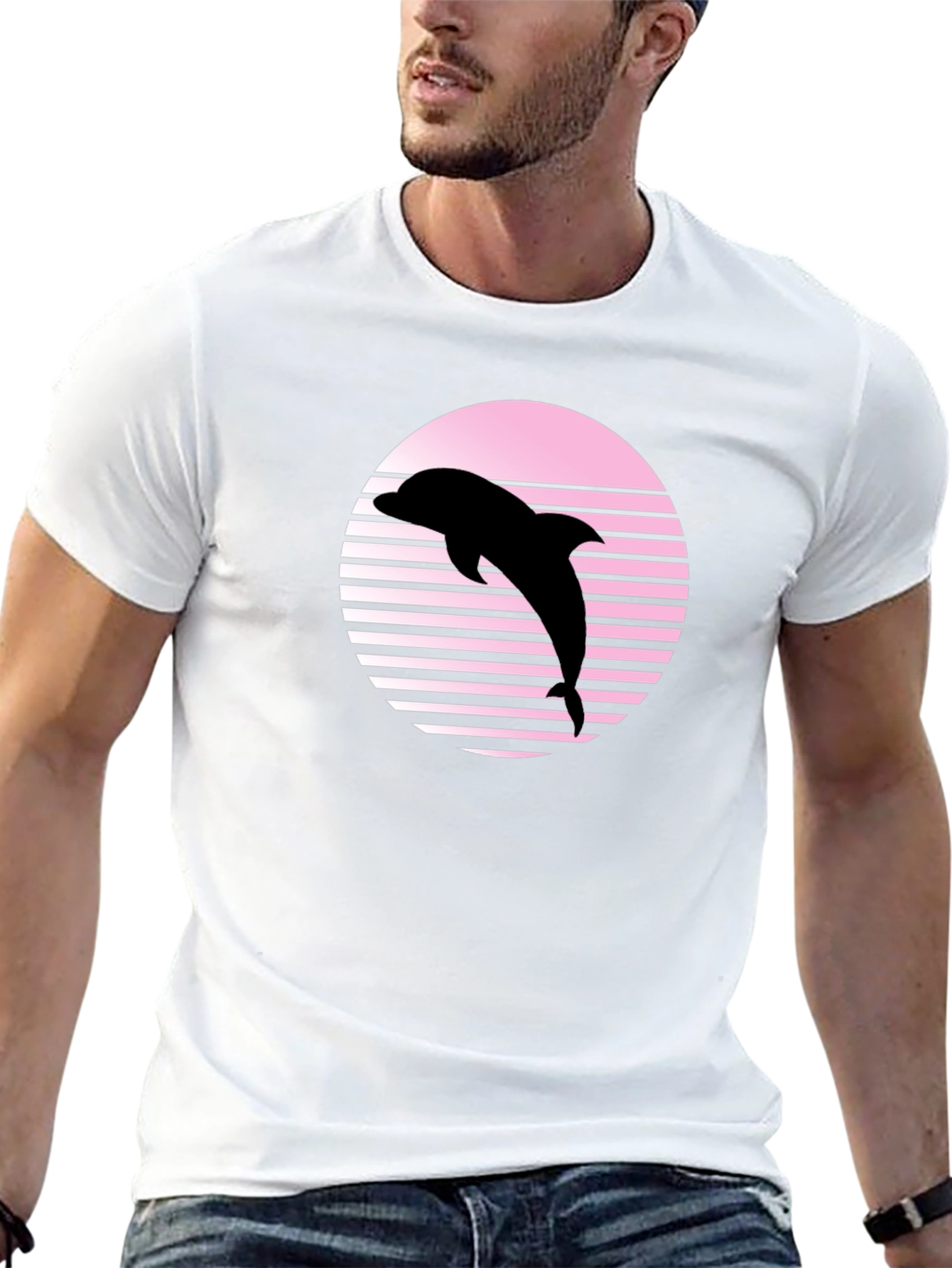Retro Dolphin Graphic Tee - Black Cotton Blend