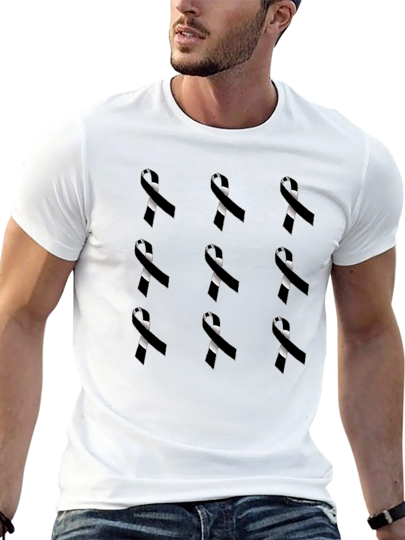 Ribbon Pattern Black Crewneck T-Shirt