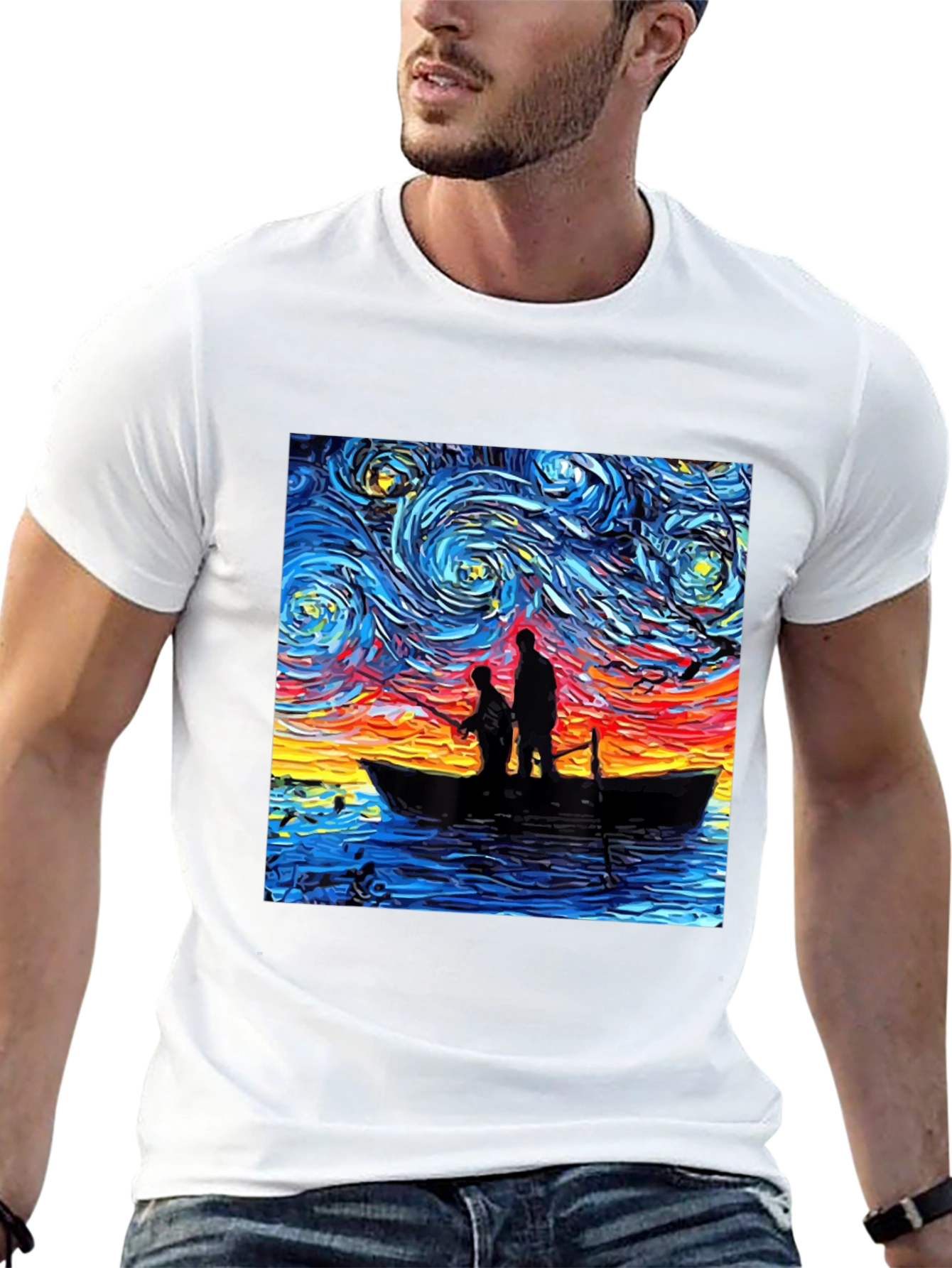 Starry Night Fishing Graphic Tee - Unique Art Shirt