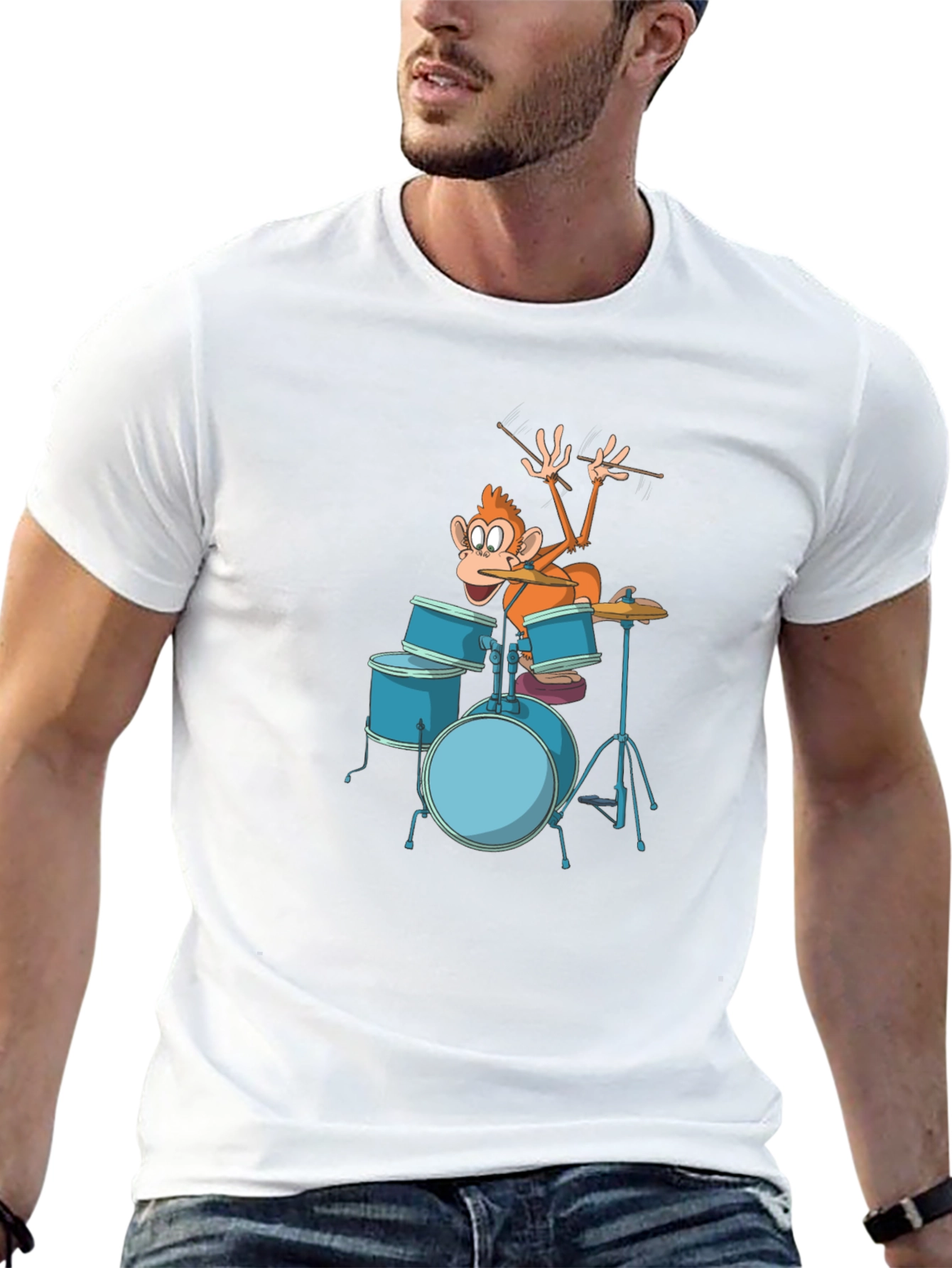 Funny Monkey Drummer Graphic Tee - Black Cotton T-Shirt