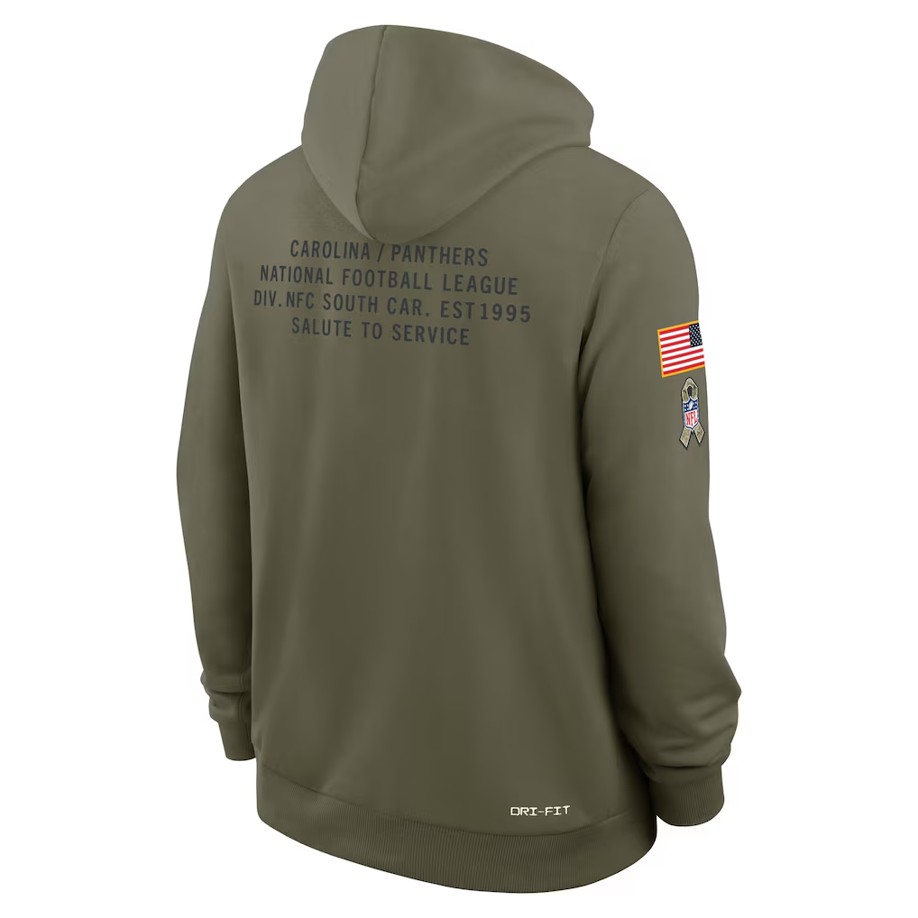 Men's Carolina Panthers Nike Olive 2025 Salute to Service Sideline Standard Issue Dri-FIT Hoodie
