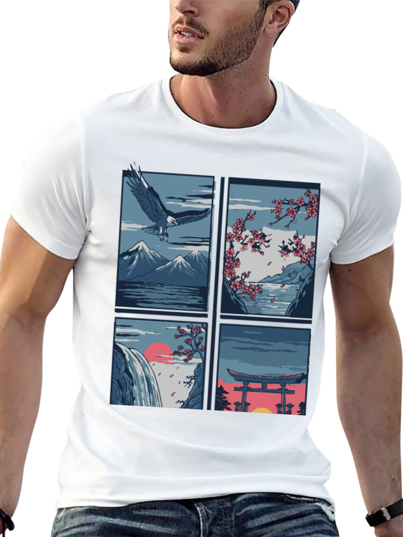 Japanese Theme T-Shirt - Nature and Eagle Design