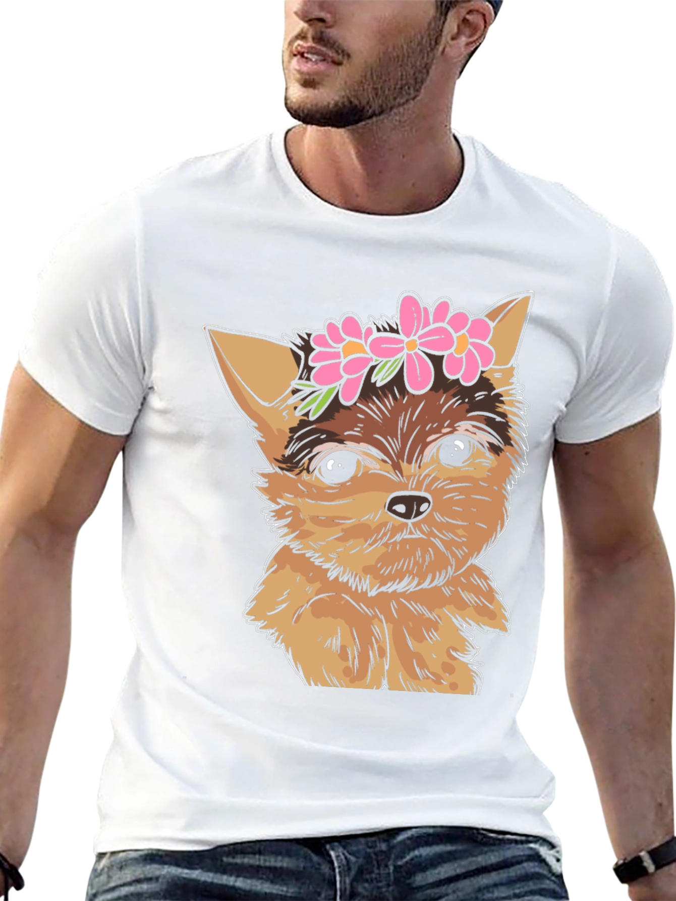 Dog with Flowers Black T-Shirt