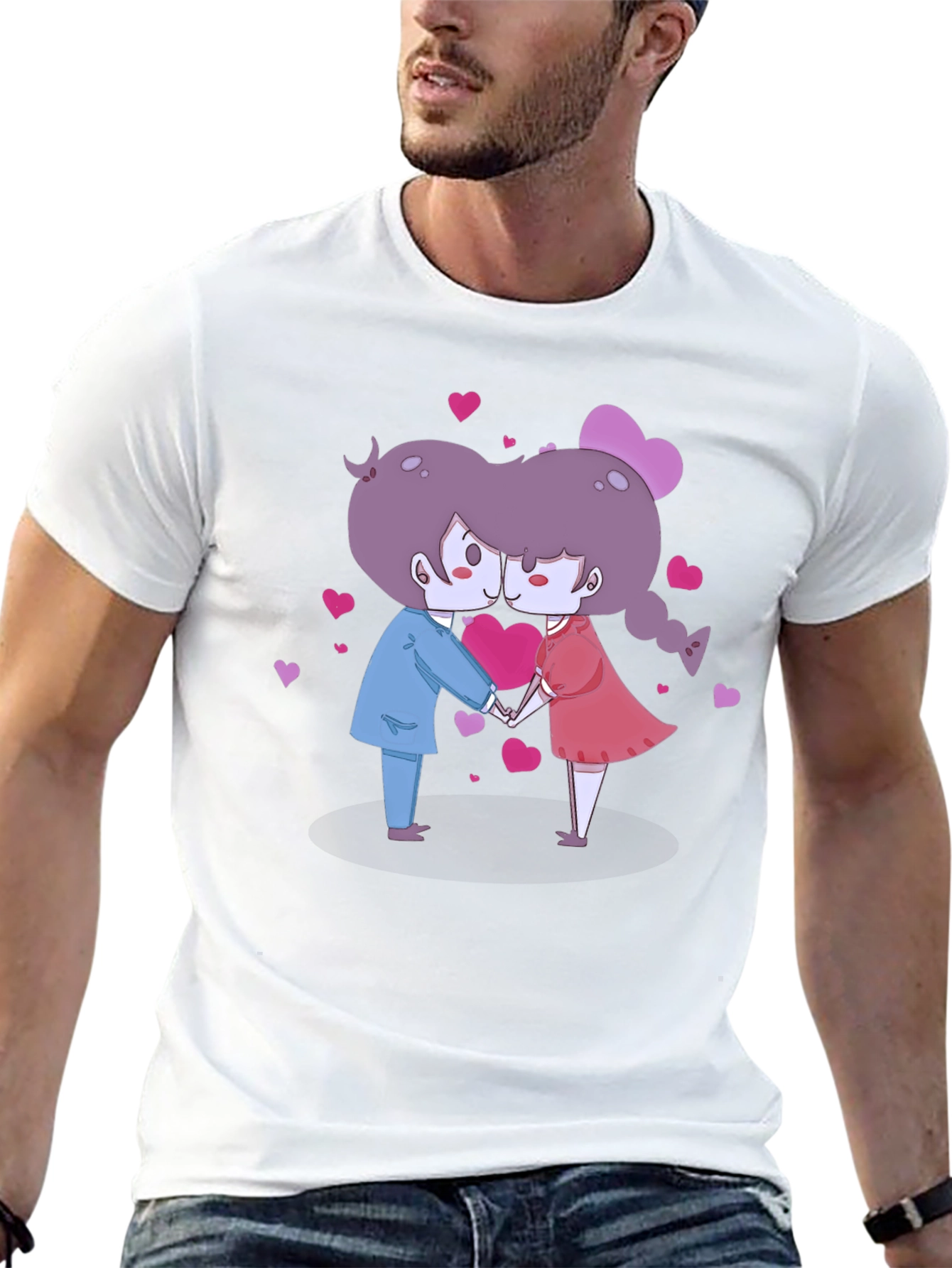 Cute Cartoon Couple Kissing Black T-Shirt