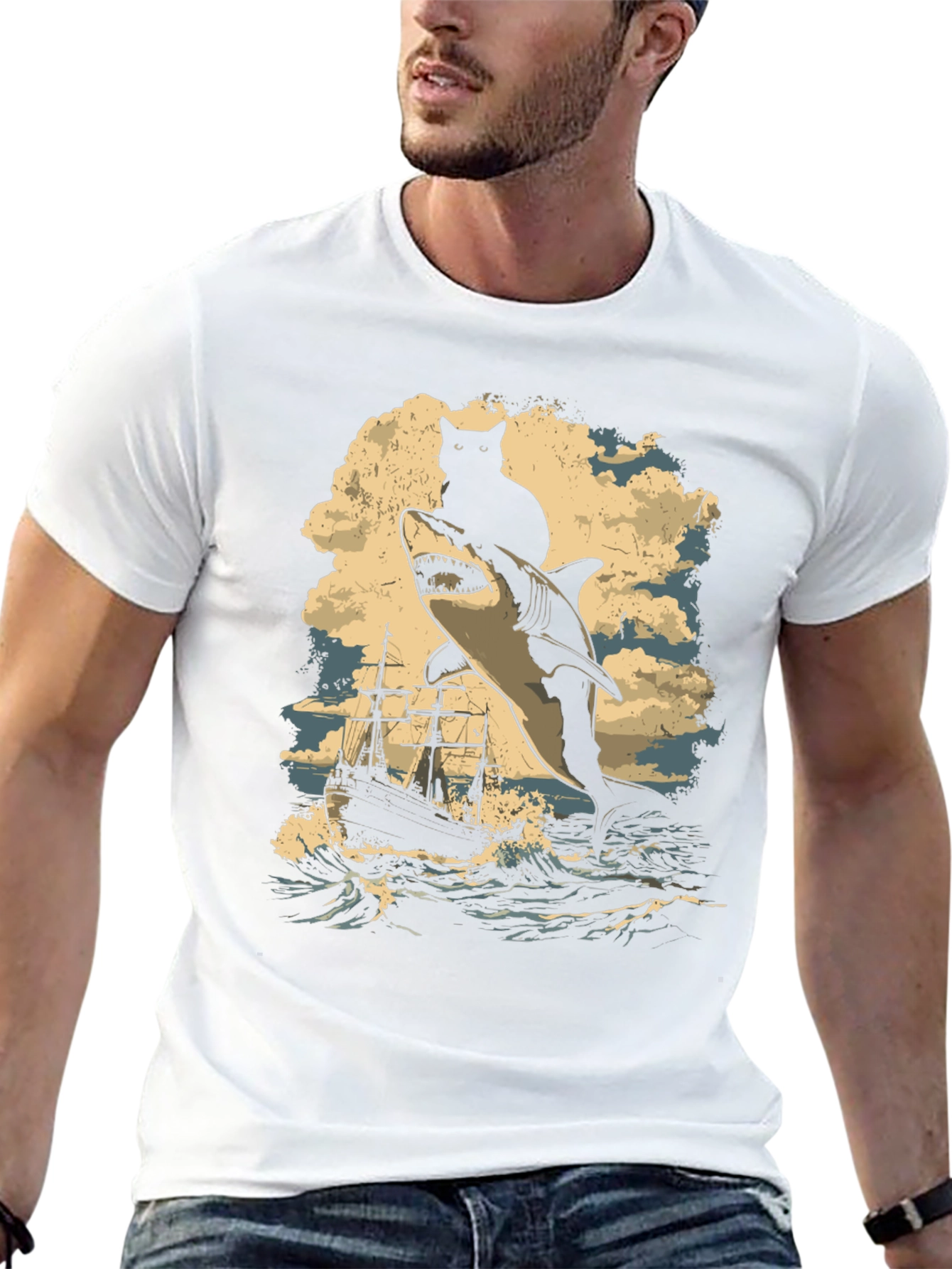 Cat Riding Shark T-Shirt - Nautical Adventure Tee