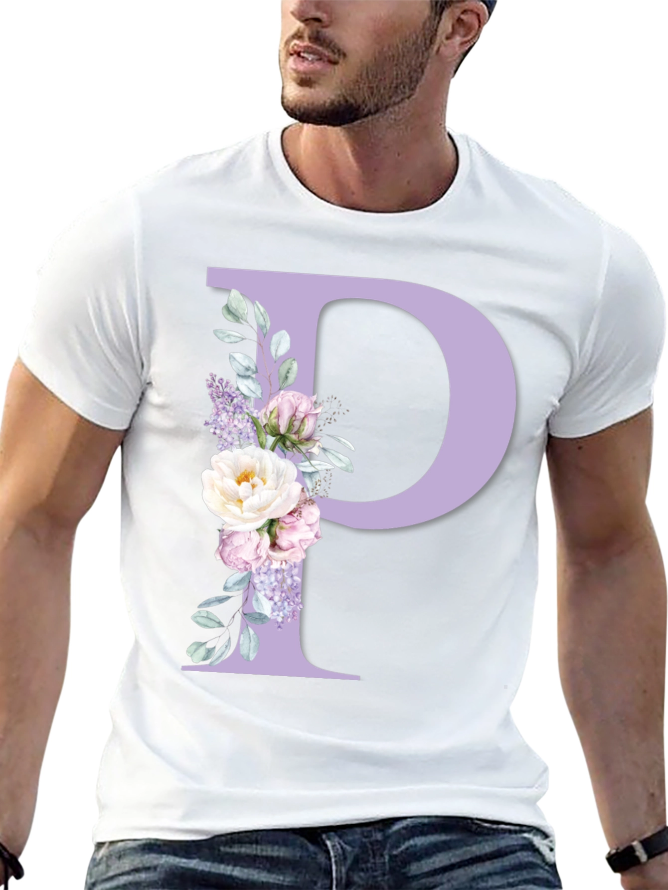 Floral Letter P Black T-Shirt