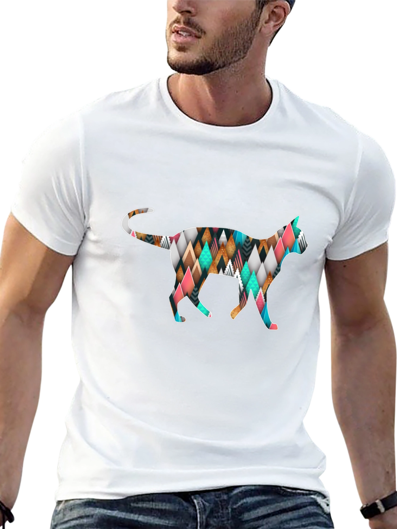 Geometric Cat T-Shirt - Black Cotton Blend