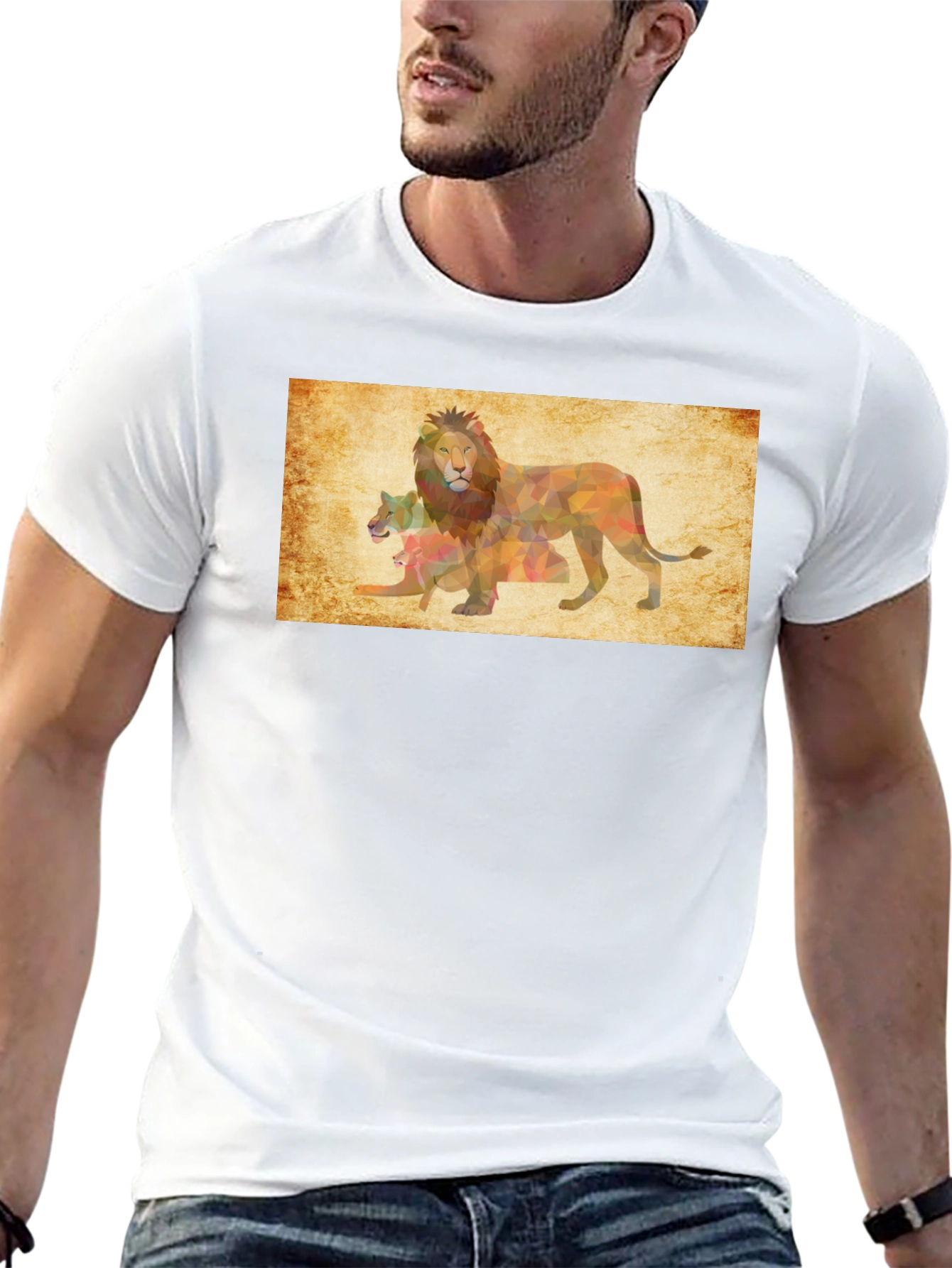 Geometric Lion Family Print Black T-Shirt