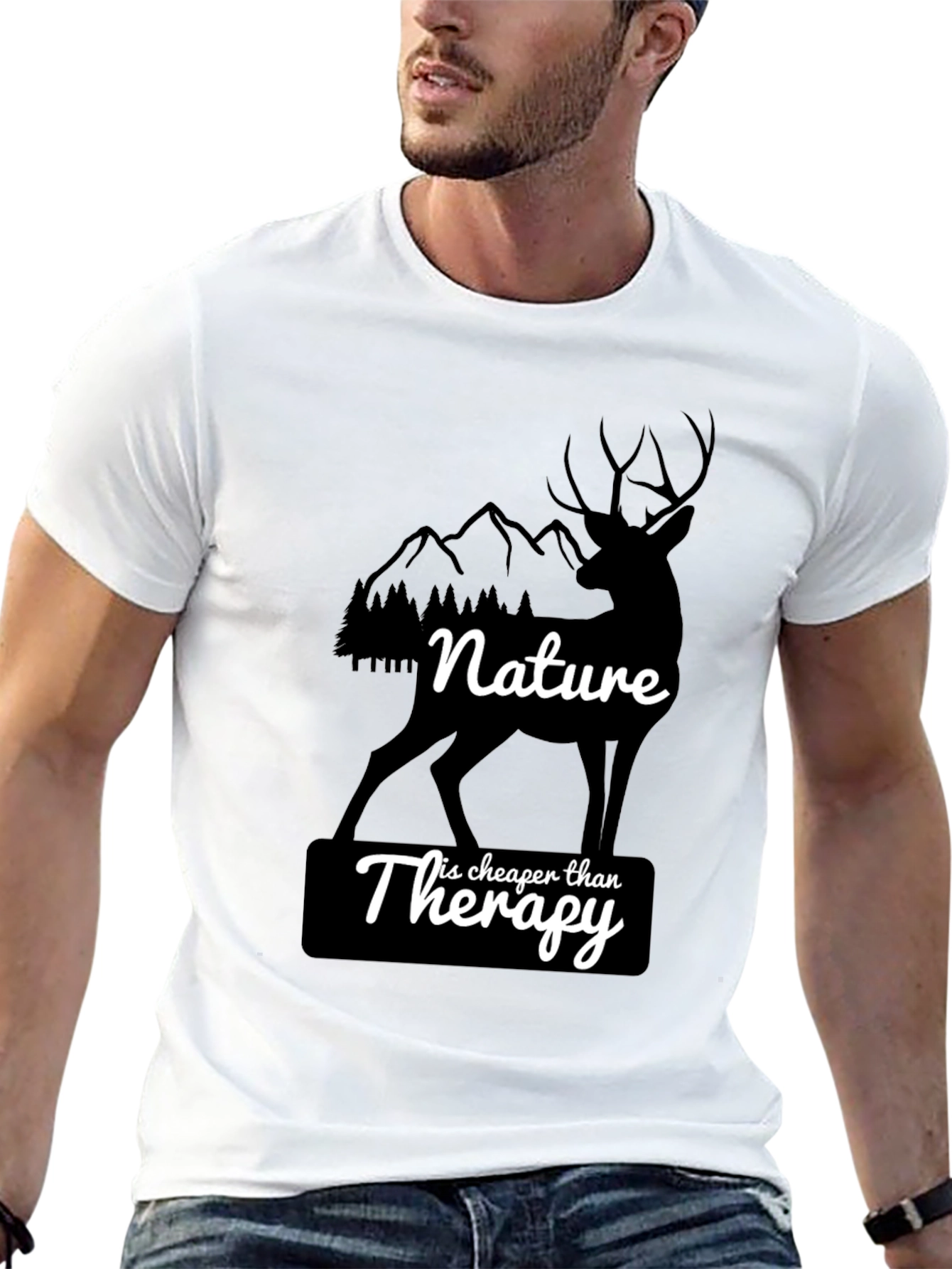 Nature Therapy T-Shirt - Deer and Mountain Design