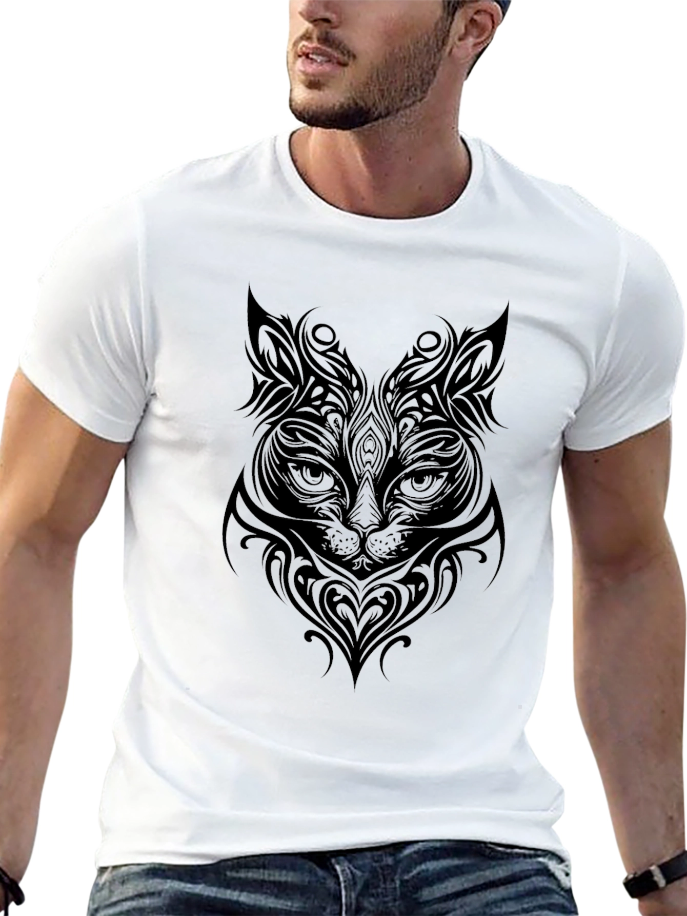 Tribal Cat Graphic Print Black T-Shirt