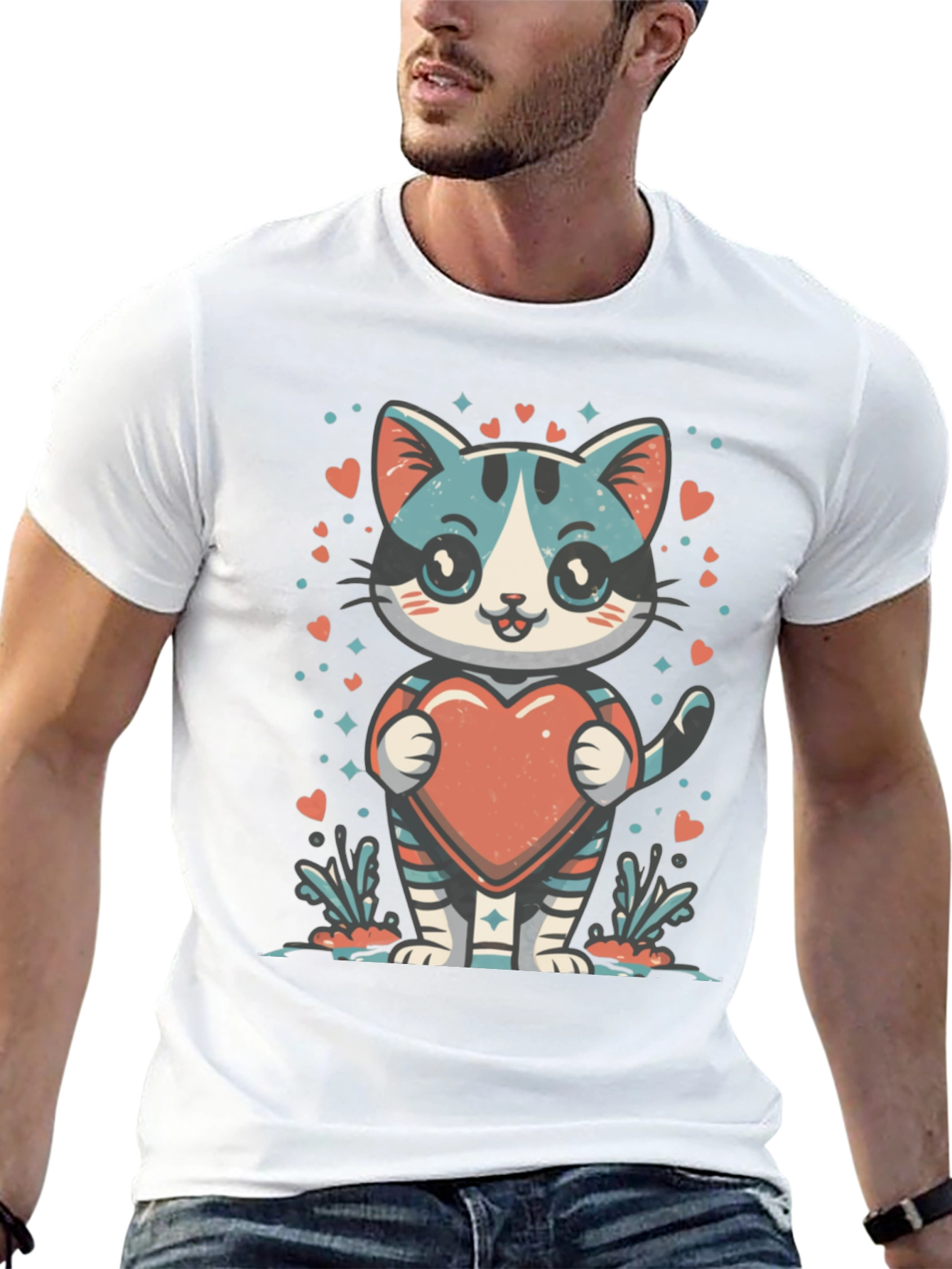 Cute Cartoon Cat with Heart Graphic Tee