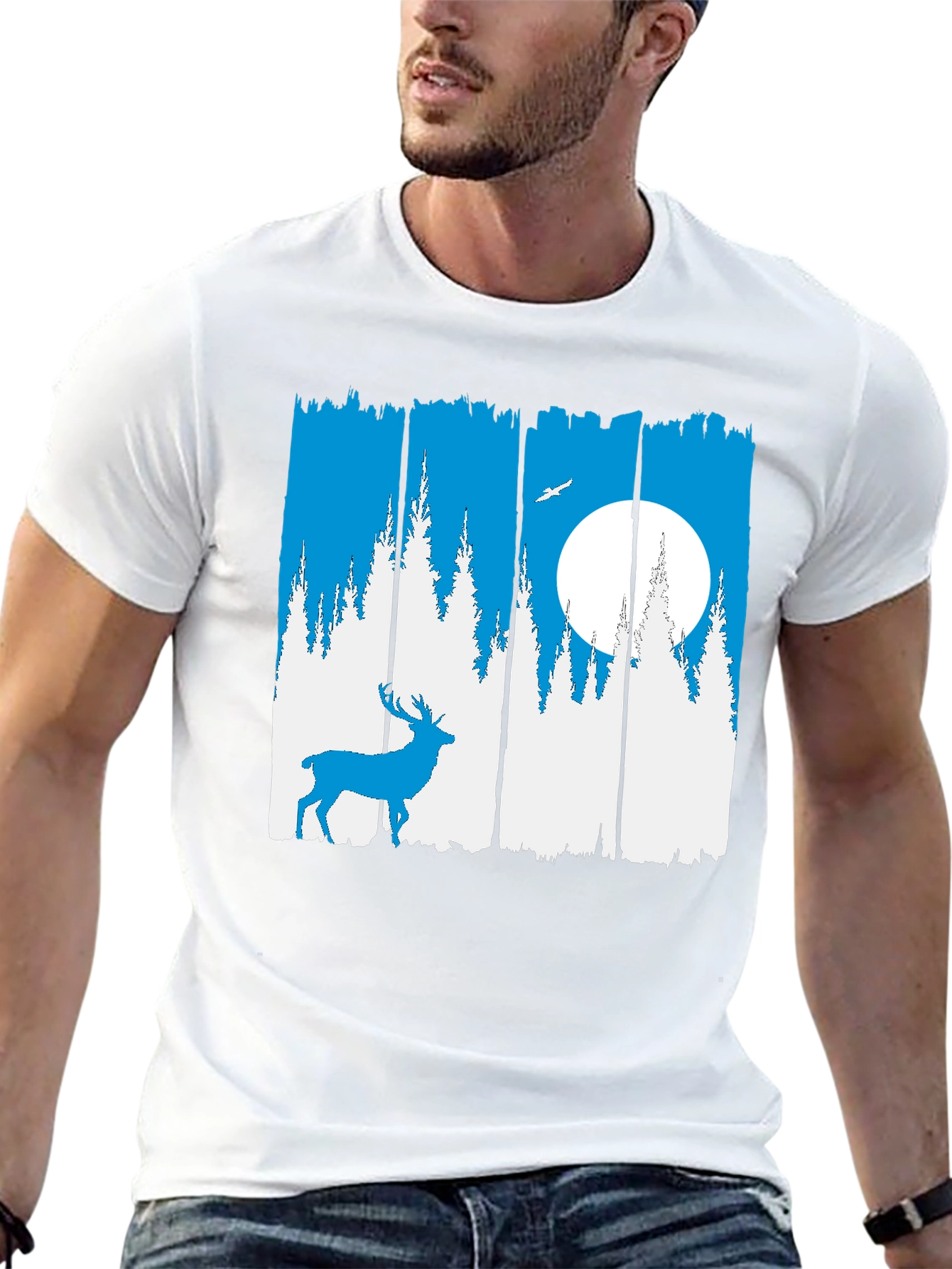 Nature Deer Graphic Tee - Mens Black Crew Neck