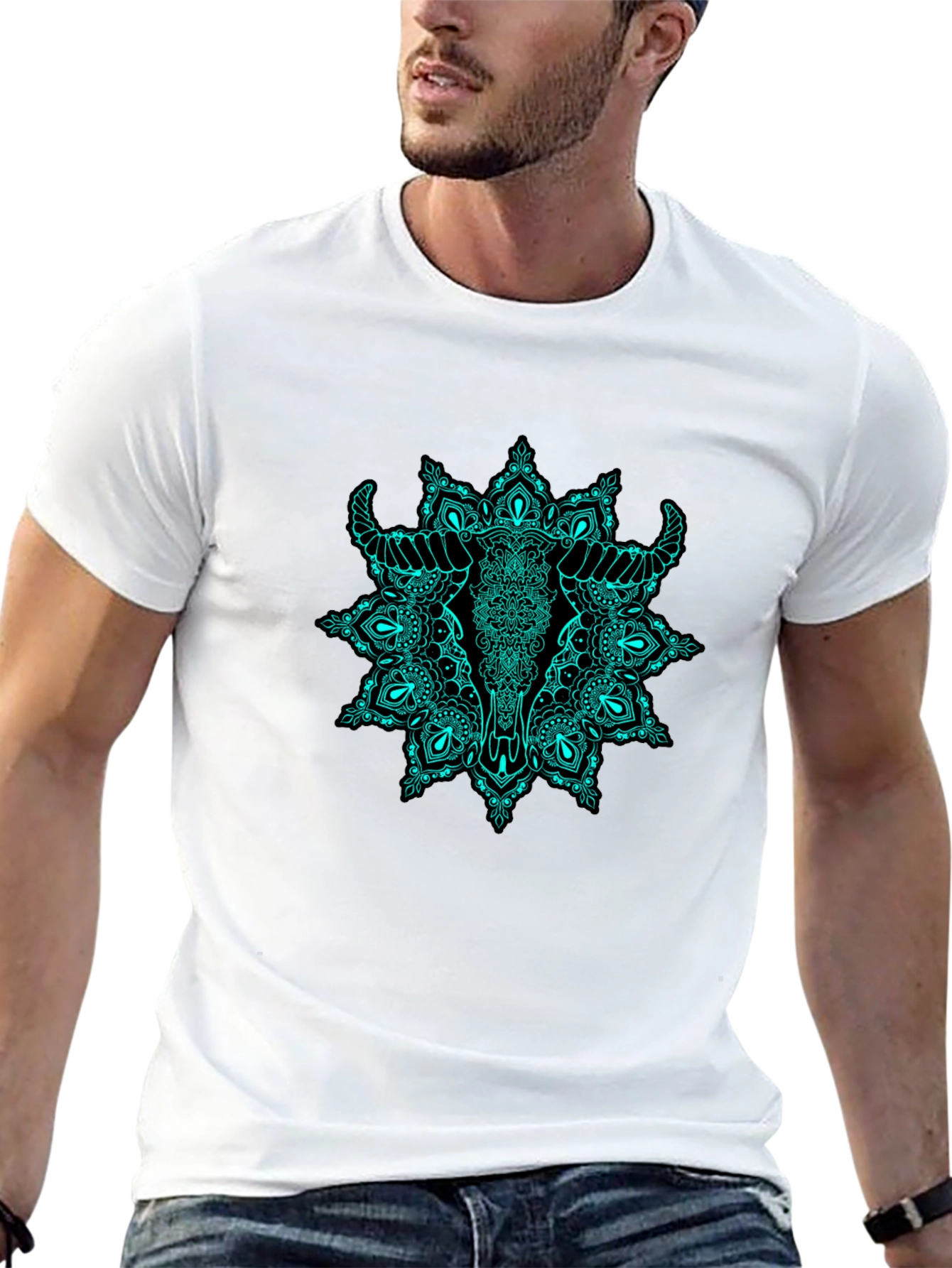 Bull Skull Mandala Graphic Tee - Black