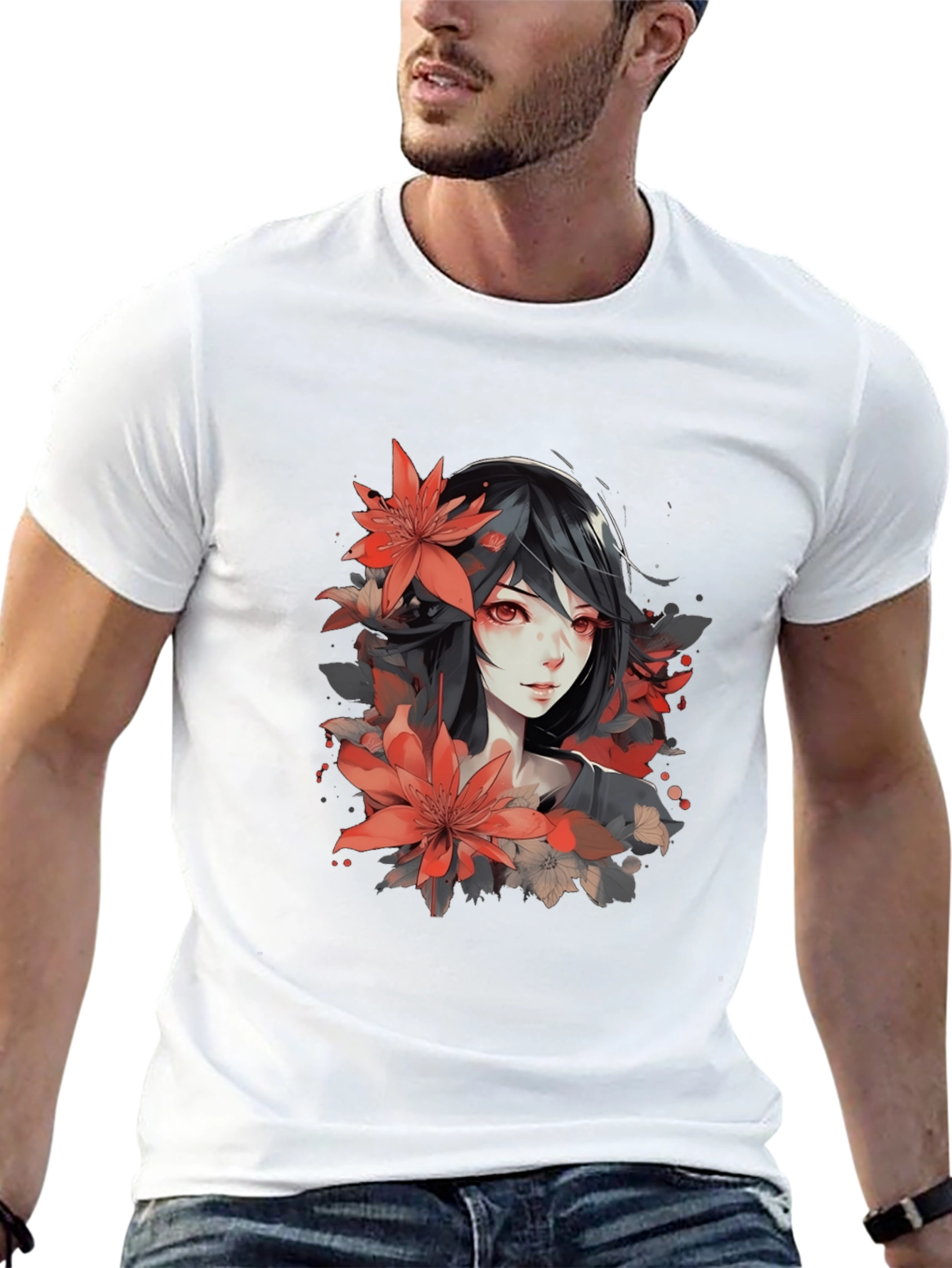 Anime Girl Floral T-Shirt - Stylish Graphic Tee
