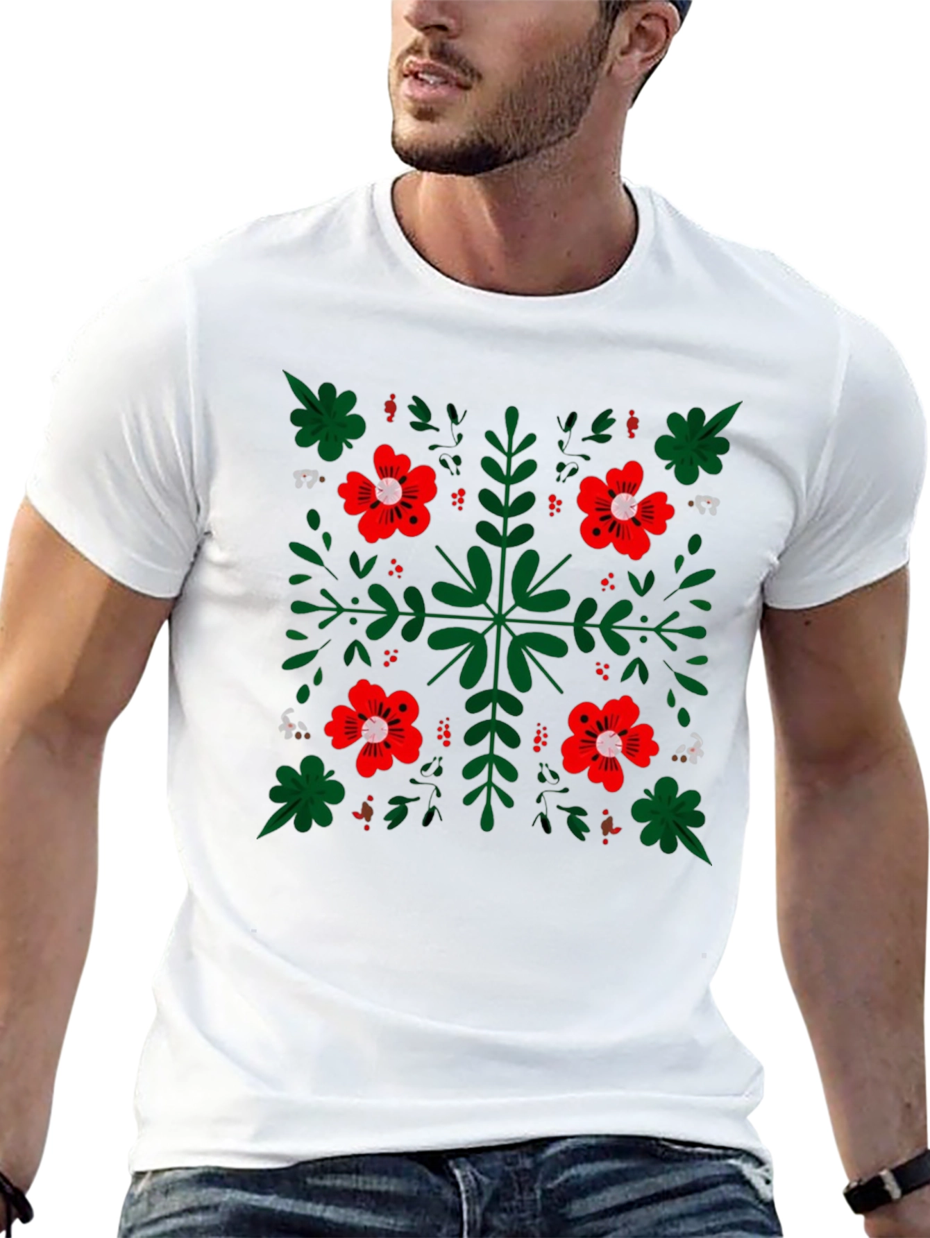 Floral Pattern Black Crew Neck T-Shirt