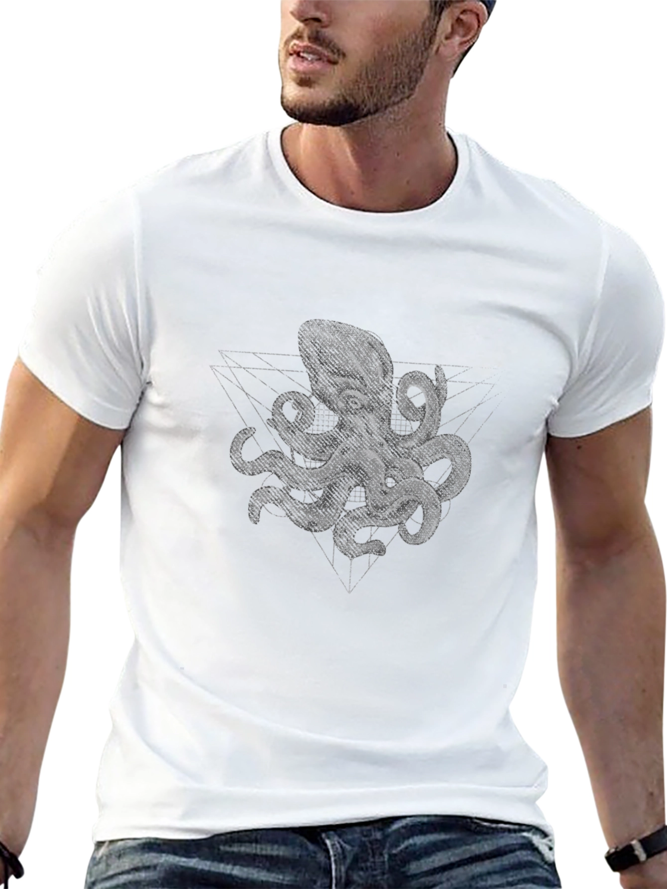 Geometric Octopus Print Black T-Shirt