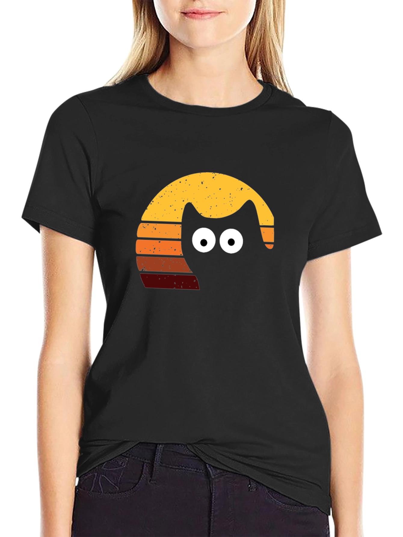 Retro Cat Sunset T-Shirt - Black Tee