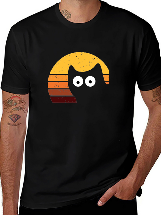 Retro Cat Sunset T-Shirt - Black Tee