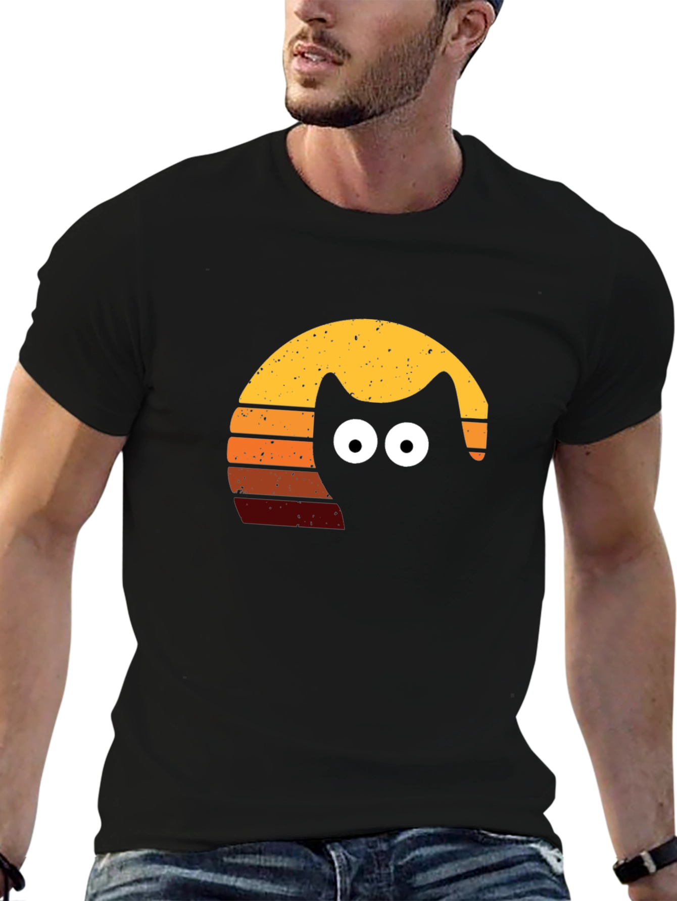 Retro Cat Sunset T-Shirt - Black Tee