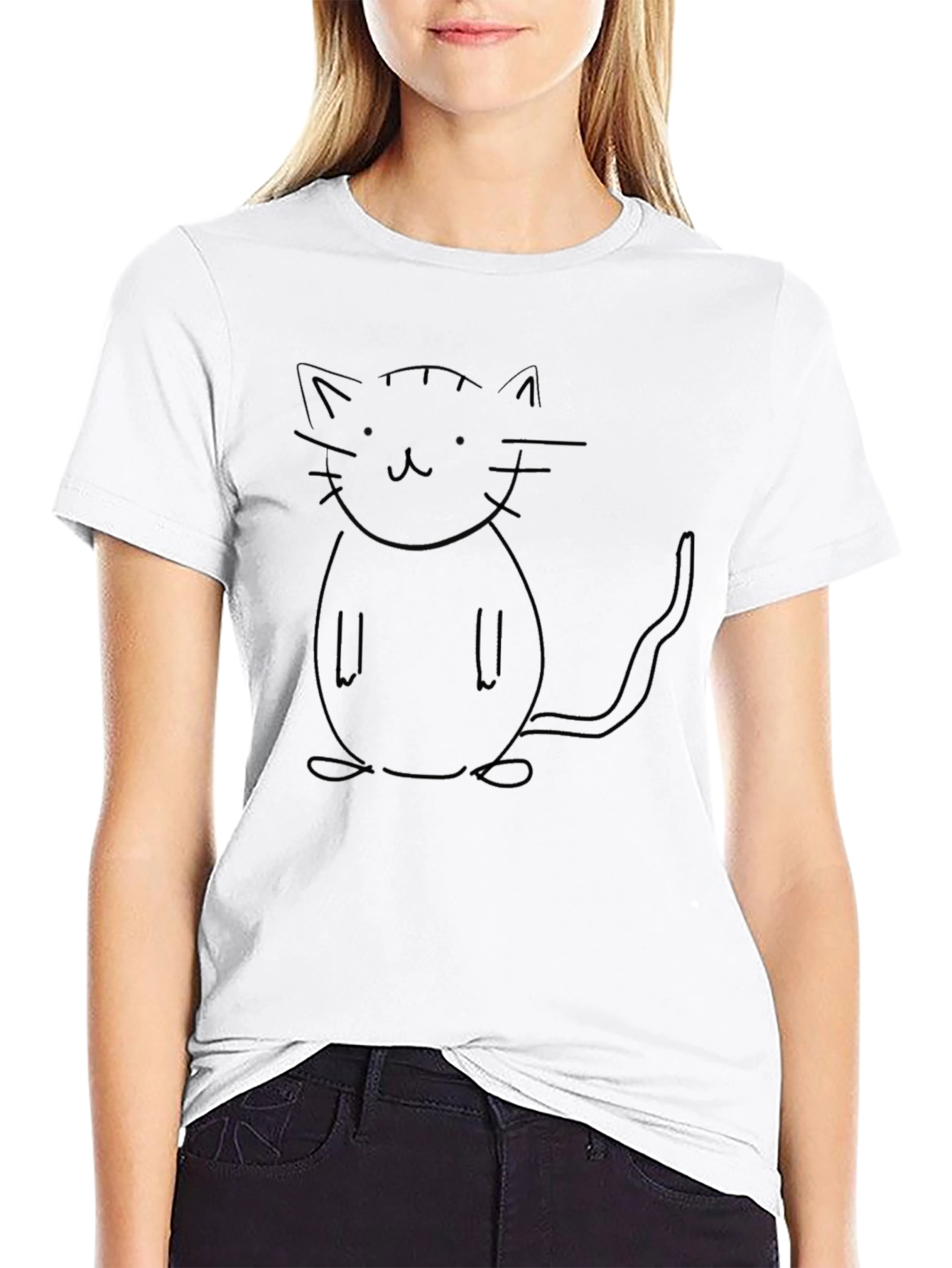 Minimalist Cat Outline Black T-Shirt