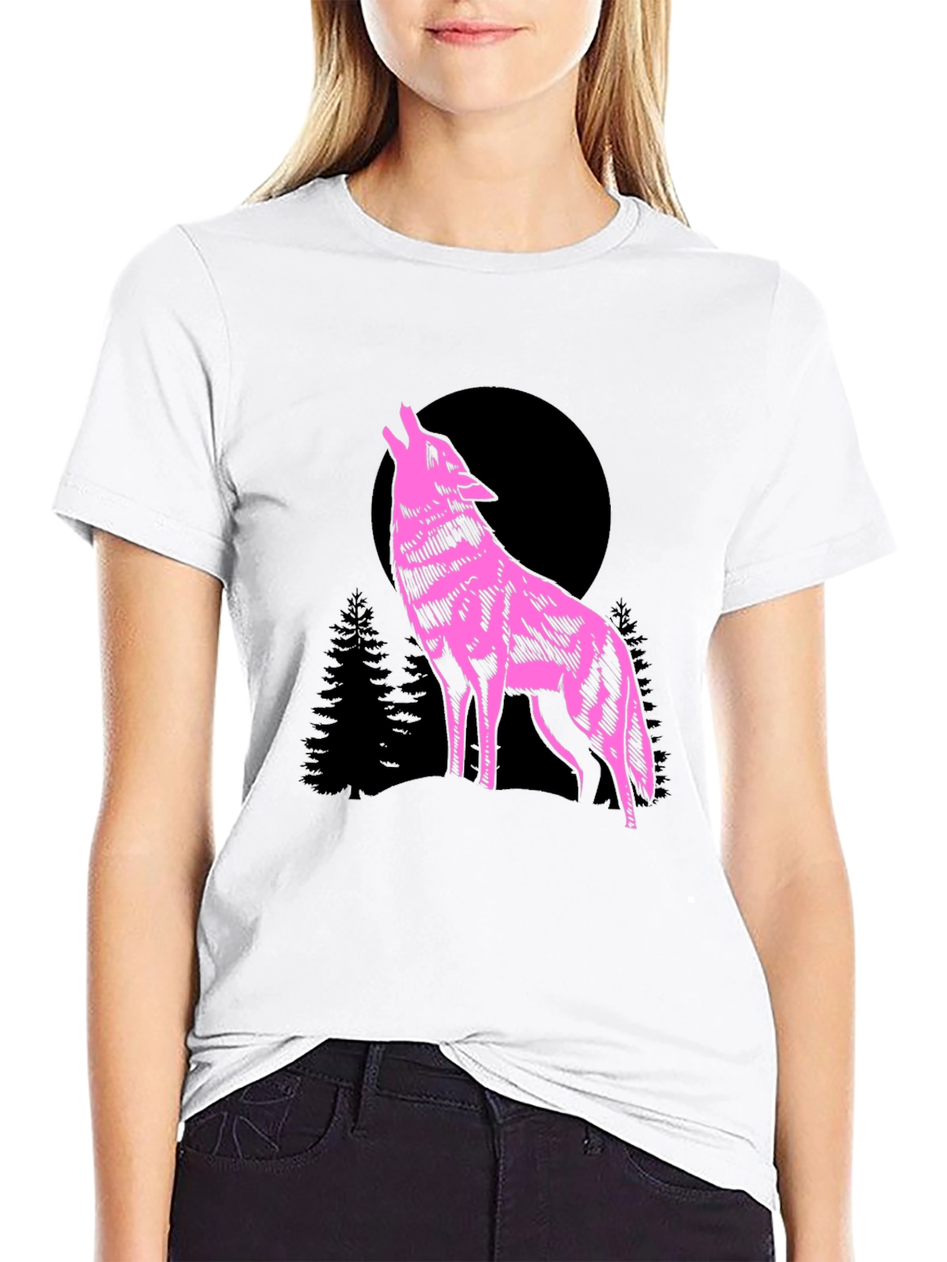 Wolf Moon Graphic T-Shirt - Pink on Black