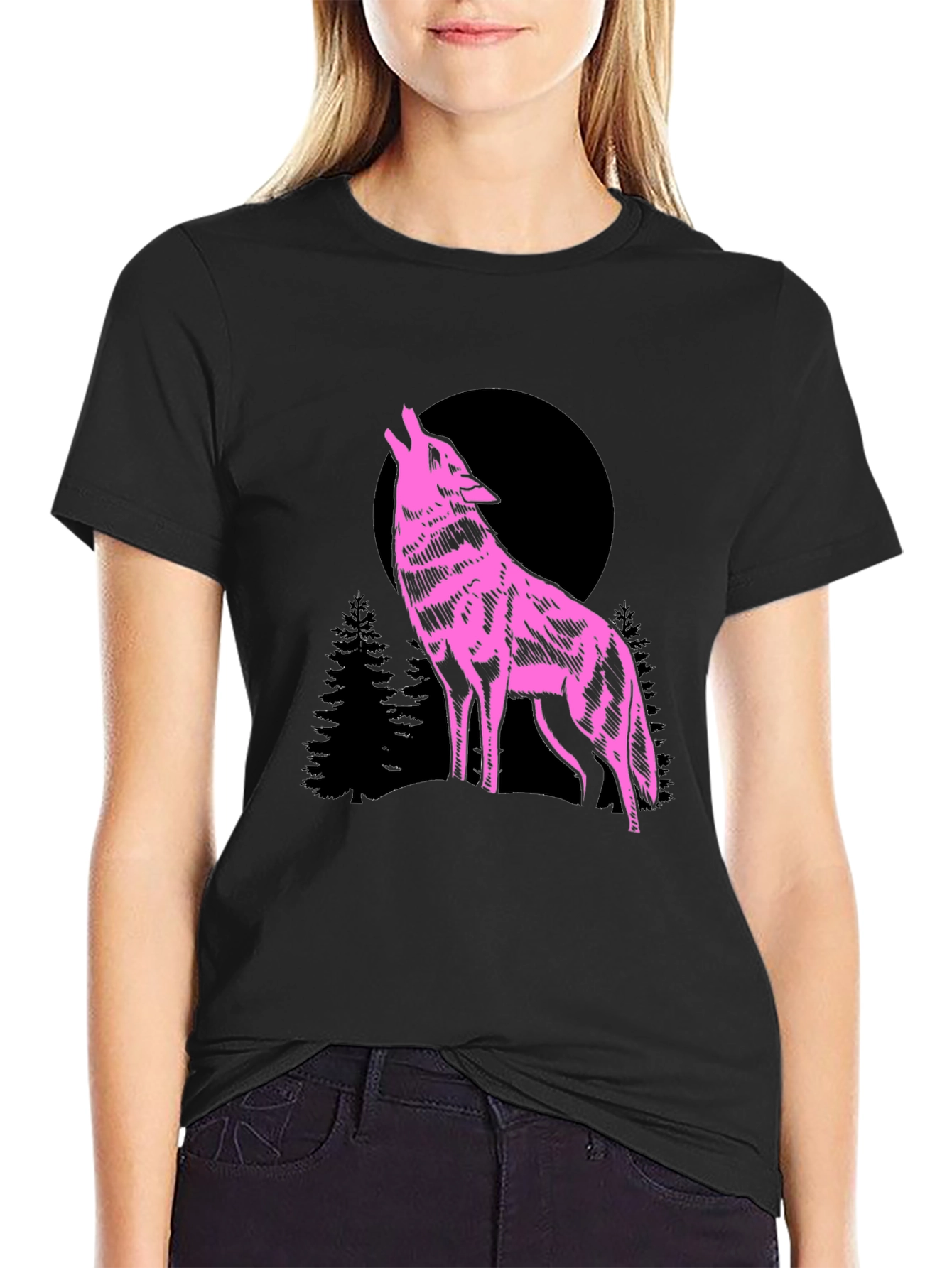 Wolf Moon Graphic T-Shirt - Pink on Black