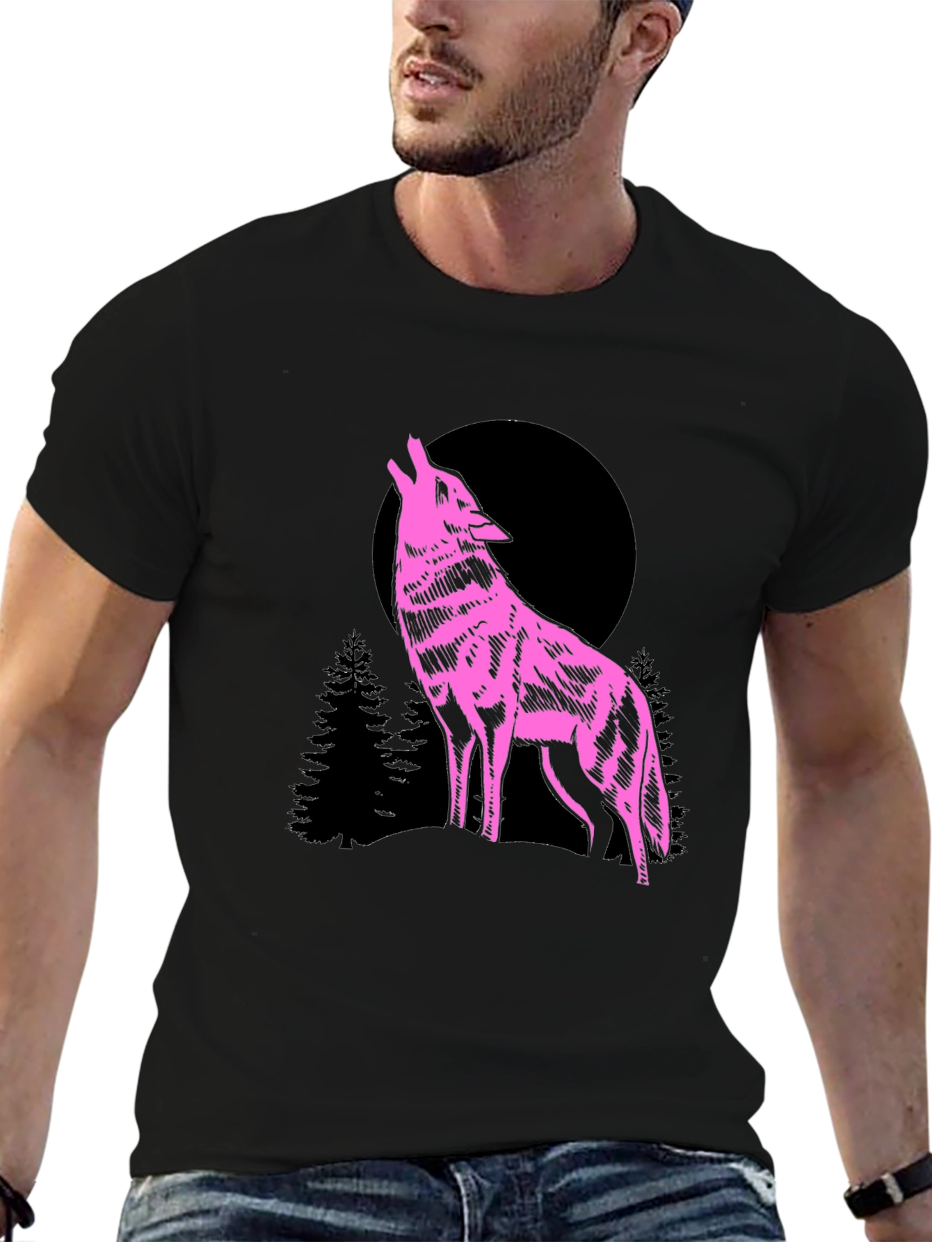 Wolf Moon Graphic T-Shirt - Pink on Black