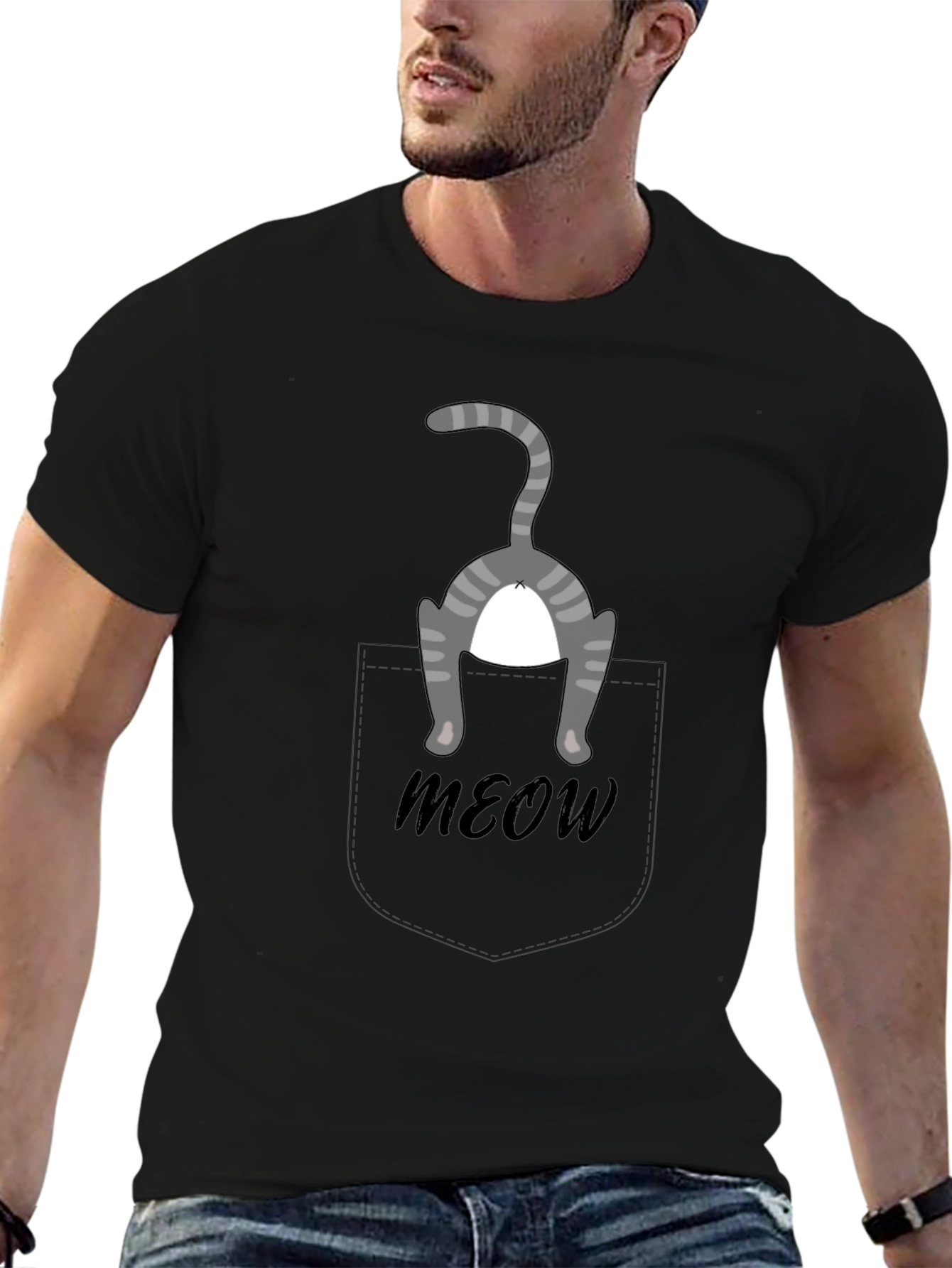 Funny Cat Pocket T-Shirt - Meow!