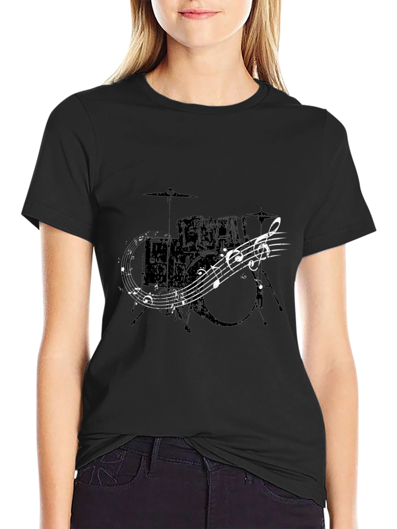 Drum Set & Music Notes Graphic T-Shirt