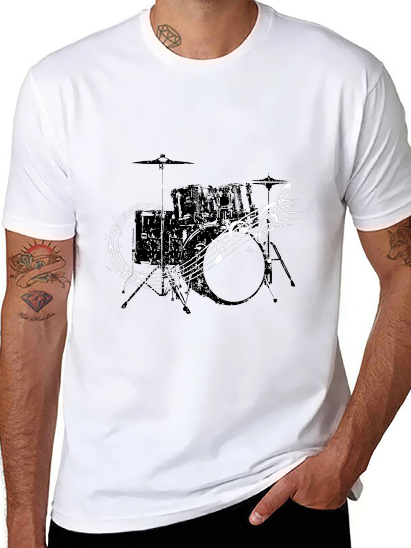 Drum Set & Music Notes Graphic T-Shirt
