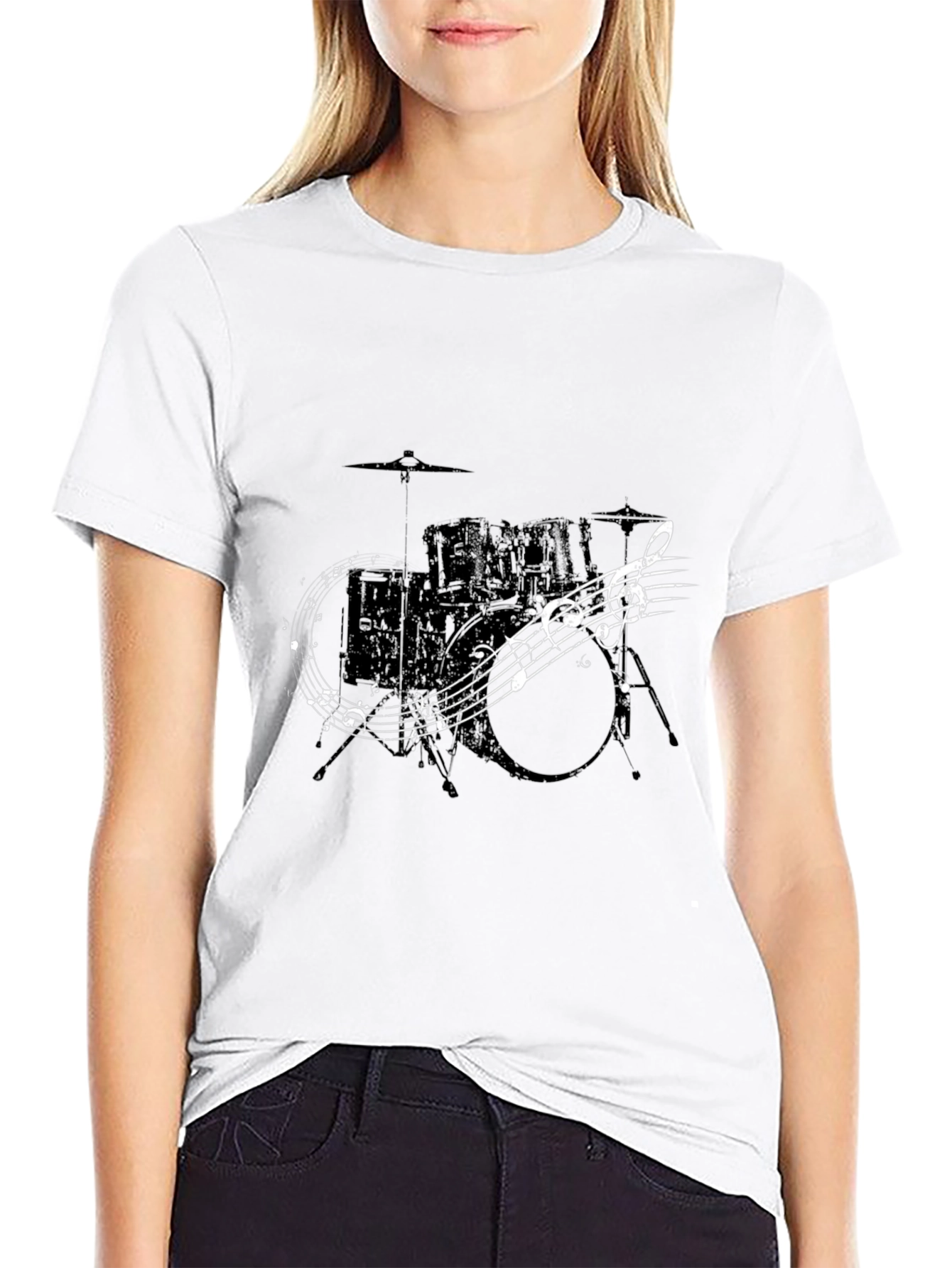 Drum Set & Music Notes Graphic T-Shirt