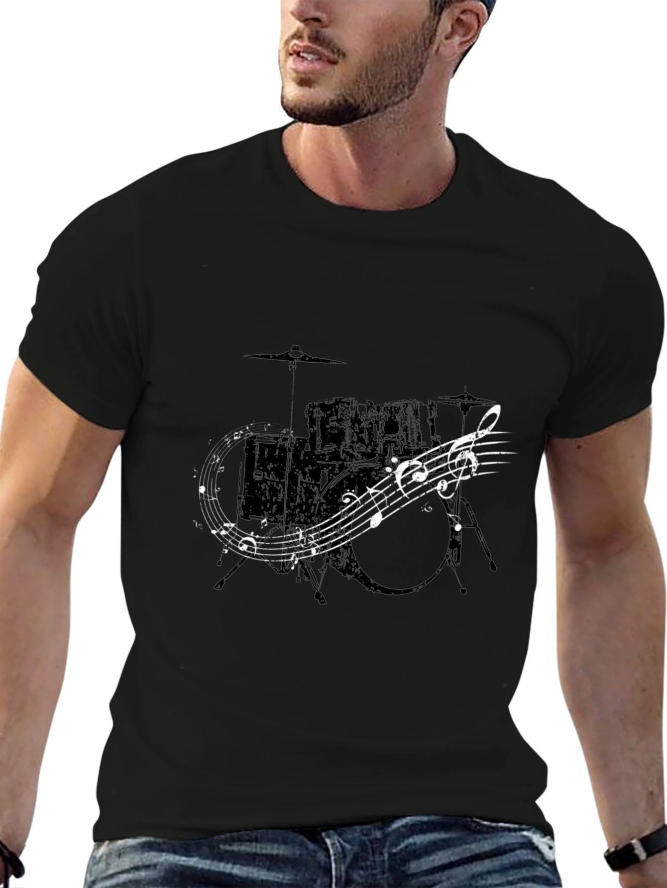 Drum Set & Music Notes Graphic T-Shirt